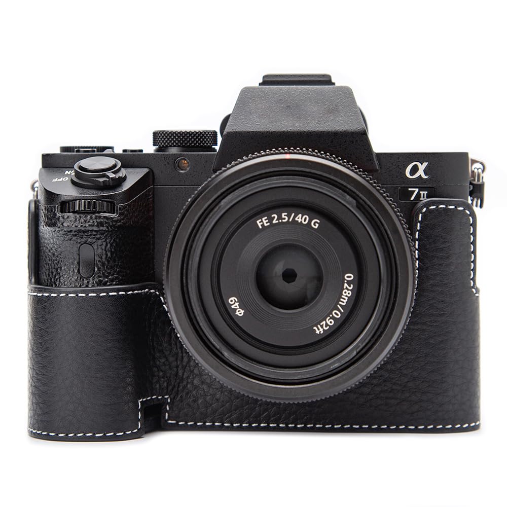 DBZZ ハーフケース 本革 黒白線 レトロ Sony A7M2用