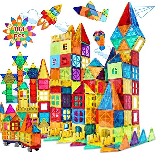 Lotmey Magnetic Tiles Building Blocks, 108 PCS 3D Magnetic Blocks Buliding Tiles Set, Magnetic Building Blocks Construction Playboards with 2 Cars, Preschool Educational Magnetic Toys for Kids 3, 4-8