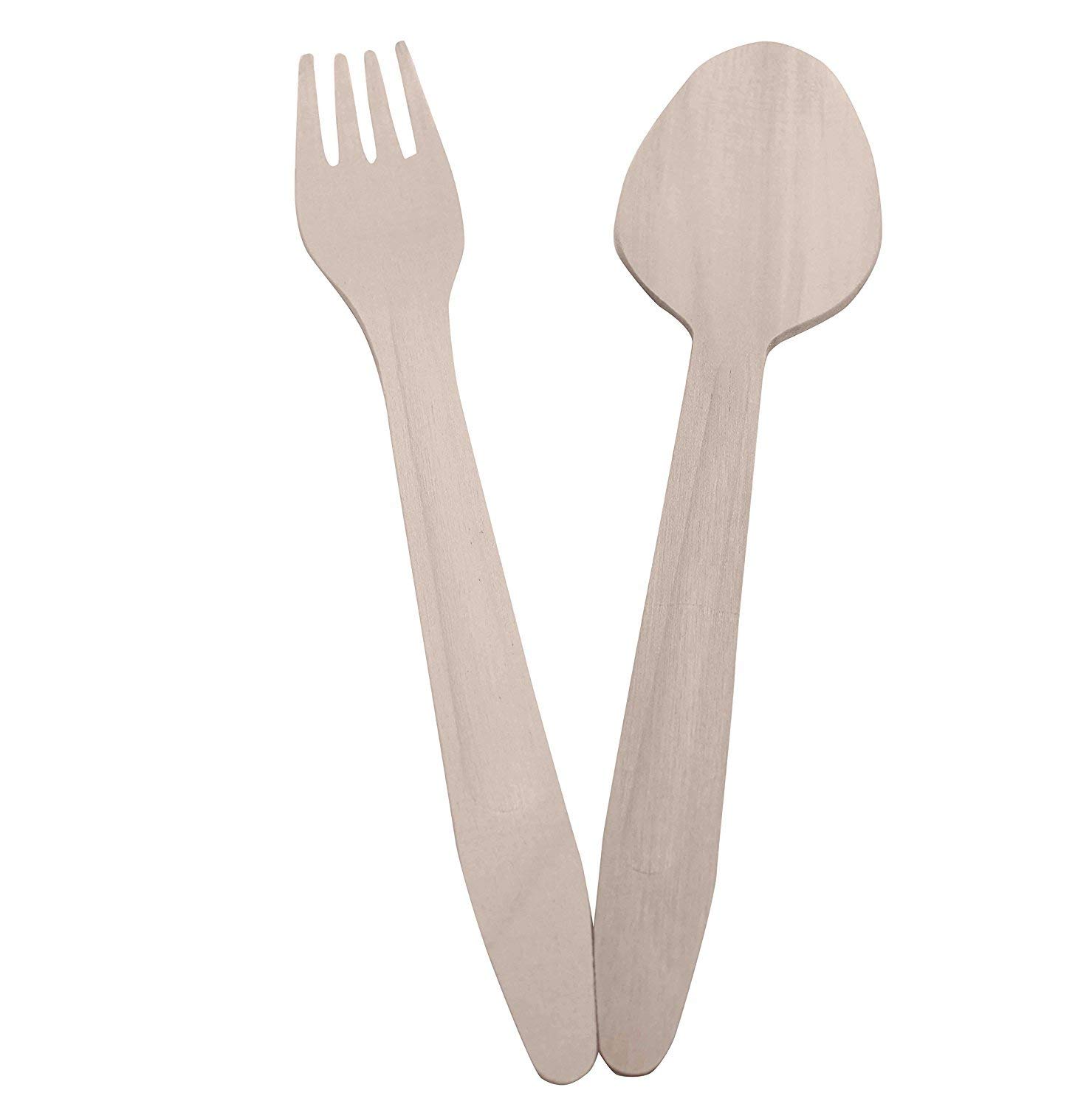 KUSH Disposable Wooden Spoons & Fork Combo|100% Bio-degradable Eco-Friendly Spoons|Wooden Spoons & Fork for Functions,Parties and Travel|14cm /5.5 inch Length|Pack of 50 Spoons & 50 Fork|
