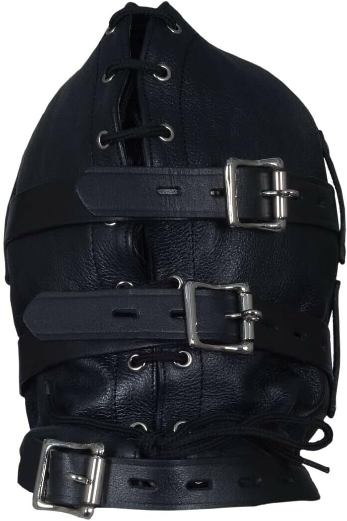 Genuine Real Leather Total Sensory Deprivation Bondage BDSM Hood Mask Role Play (Medium)