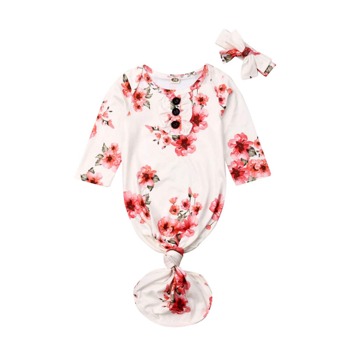 Infant Baby Girl Boy Floral Cotton Gowns with Headband Sleeping Outfits Summer Fall Clothes