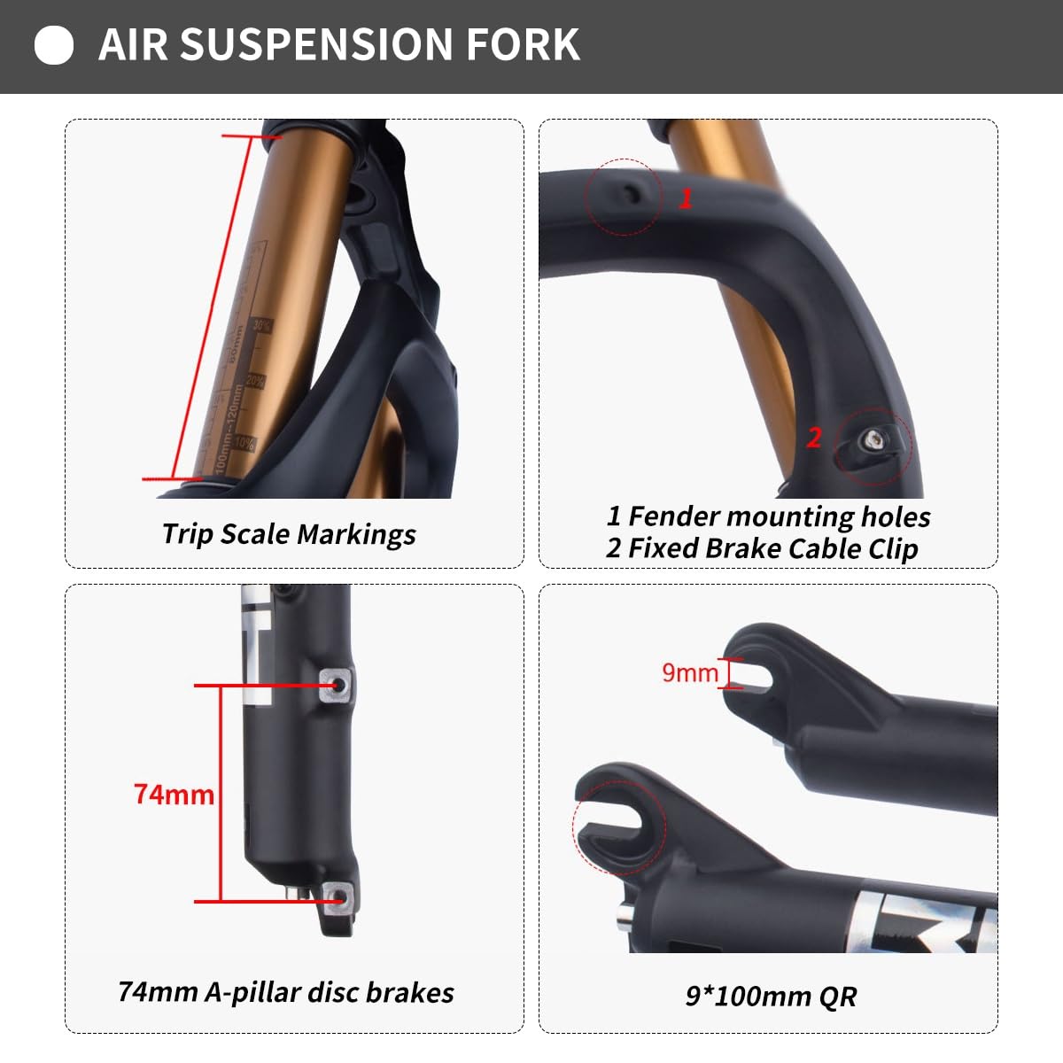Forcella Anteriore con Sospensione pneumatica, Pneumatici da 4 Pollici, Escursione di 135 mm, Freni a Disco, Attacco QR 9* per Bici elettrica da Spiaggia/Neve