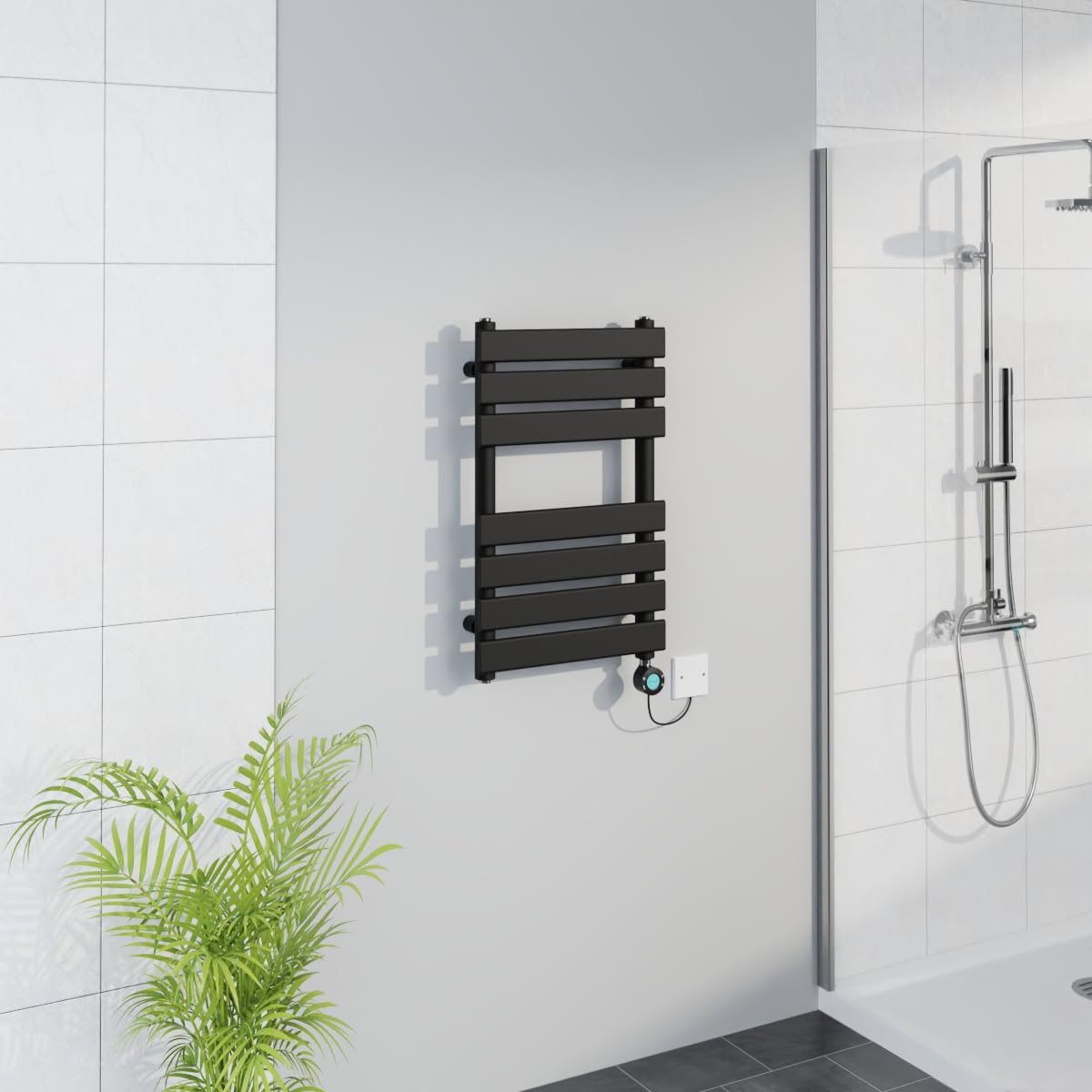 Warmehaus Black Smart Wifi Thermostatic Electric Bathroom Flat Panel Heated Towel Rail Warmer Radiator With Timer 650X400mm