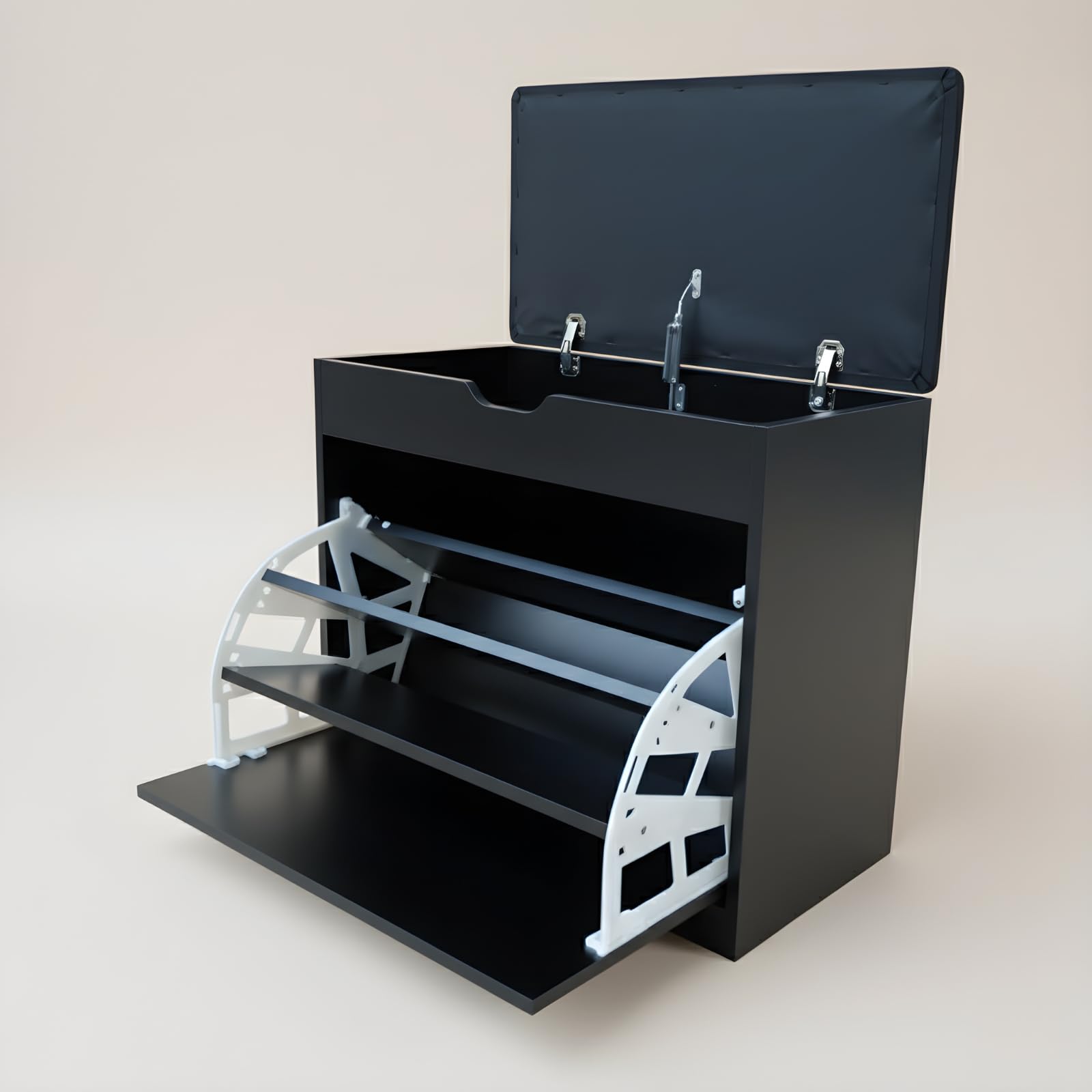 MDF Schuhschrank mit Sitzbank und ausziehbaren Regalen, Polyester Polsterung, 57 x 30 x 53 cm, Multifunktional für Flur (schwarz)