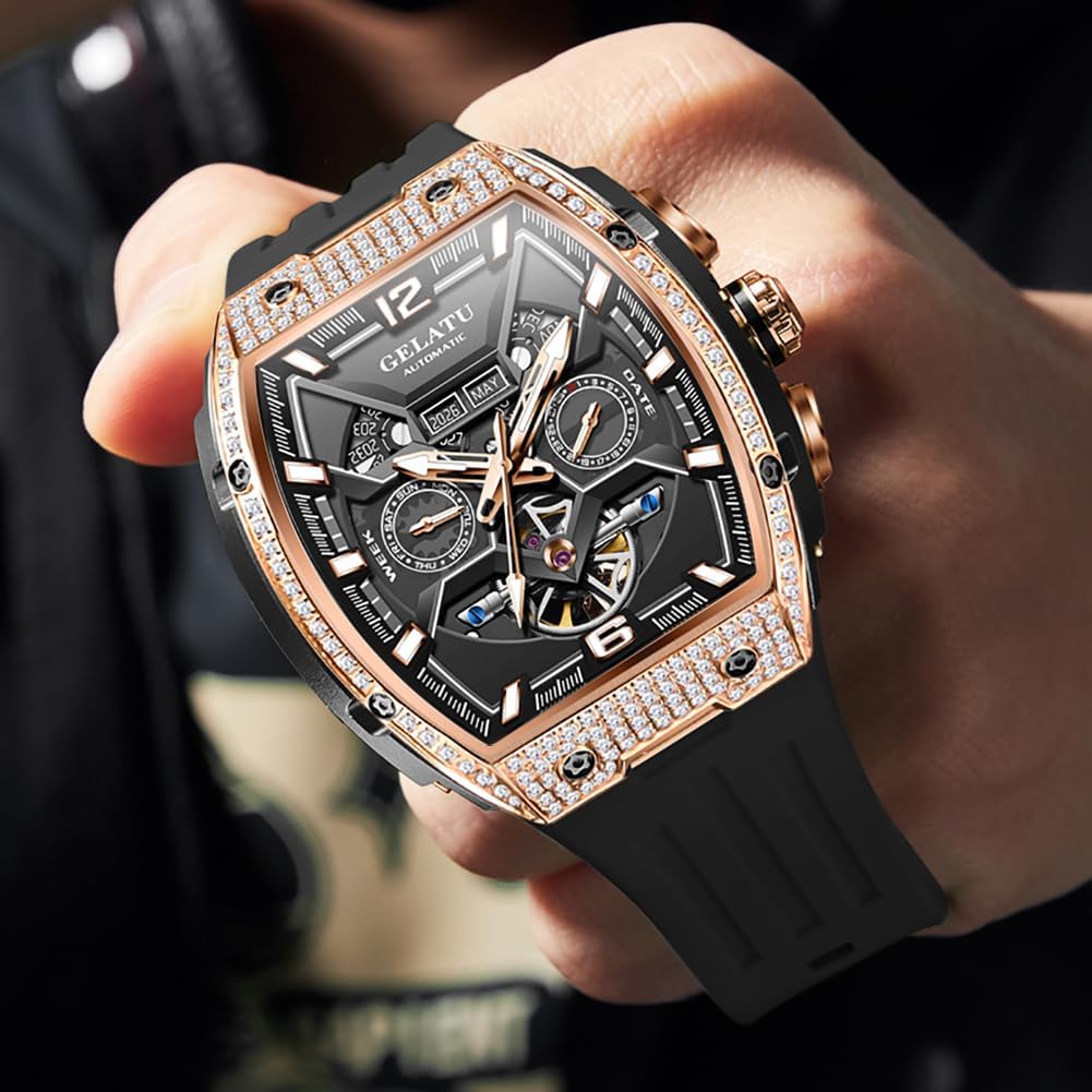 OLEVS GELATU Erkek Otomatik Mekanik Yırtık Şekilli Saat, İskelet Tasarım, 50m Su Geçirmezlik, Safir Kristal, Kare Kadran, Beyaz/Siyah/Pembe Altın Renk Seçenekleriyle Mevcut