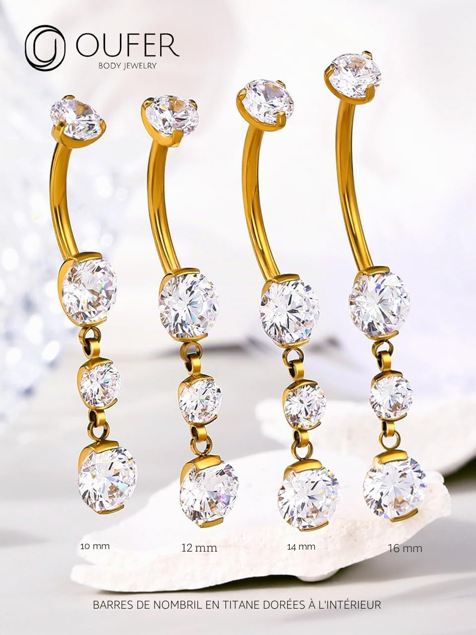 OUFER Body Piercing Internally Titanium 10/12/14/16mm Belly Button Bars Gold Dangle Navel Piercing Jewellery 14G Belly Bars Belly Button Ring Clear CZ Nave Bars Piercing Jewellery