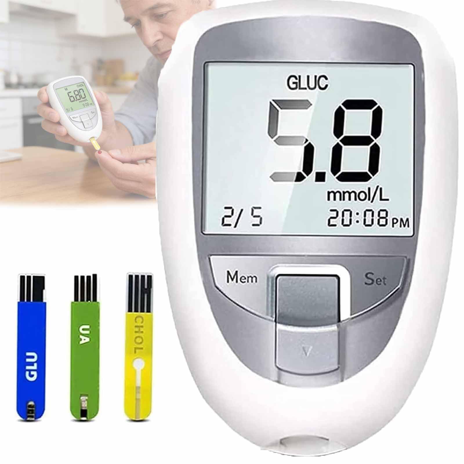 Kit Monitor glucosio Tester Multifunzione, Tester colesterolo Totale Acido urico glucosio con Display Intelligente, Facile da Usare e Veloce efficiente, memorizza 460 registrazioni e Riduce i Tempi