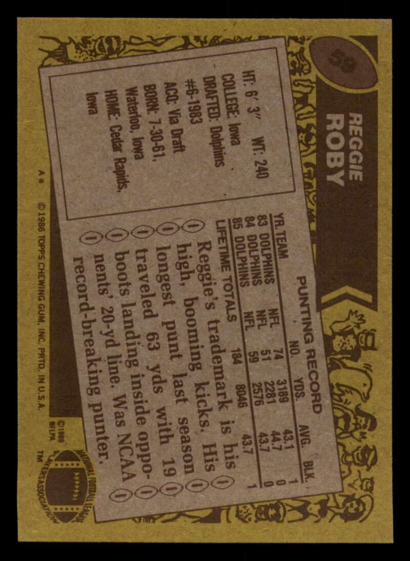 Amazon.com: Football NFL 1986 Topps #59 Reggie Roby #59 NM Near