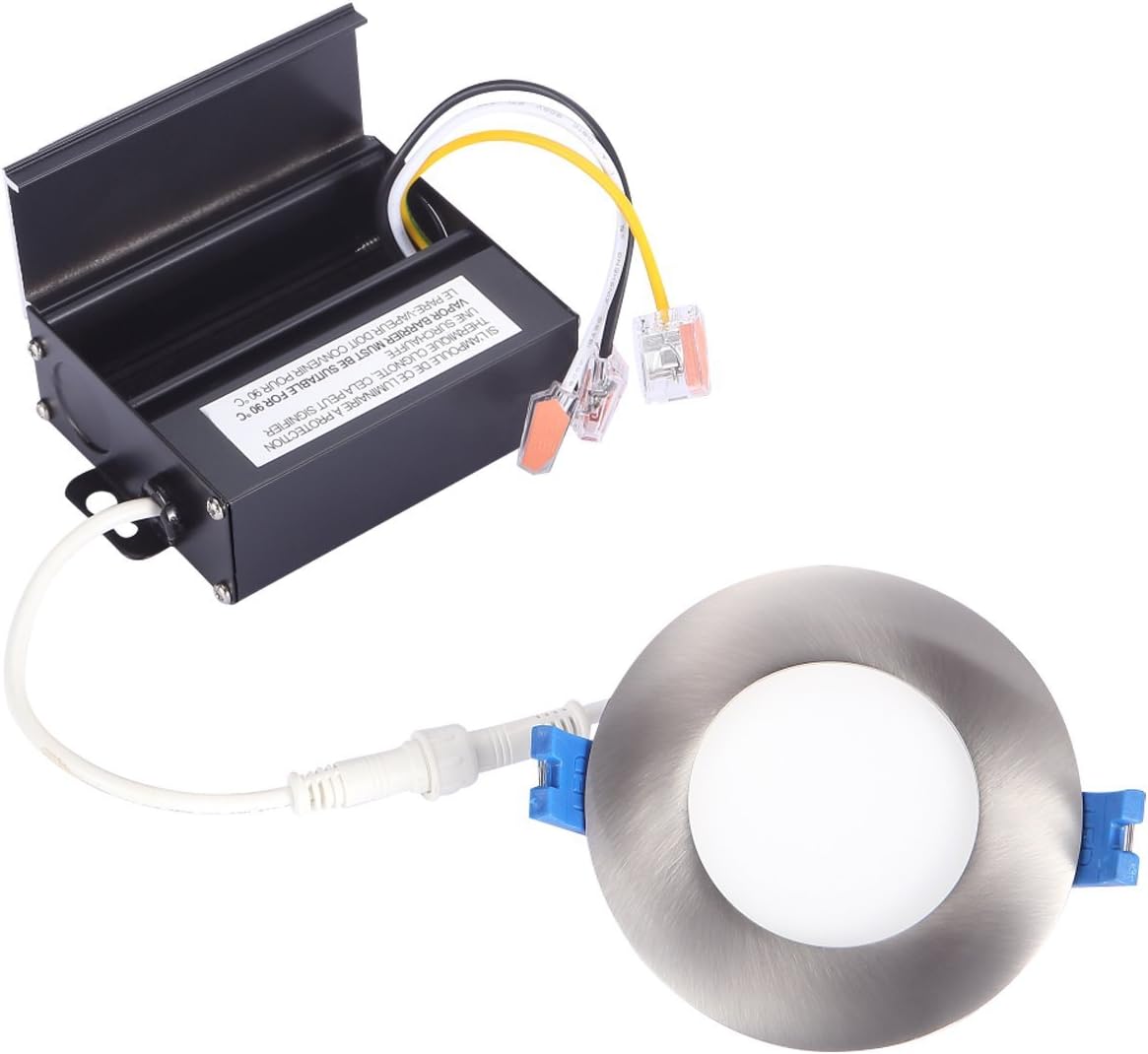 GetInLight Slim Dimmable 3 Inch LED Recessed Lighting, Round Ceiling Panel, Junction Box Included, 4000K(Bright White), 6W, 400lm, Brushed Nickel Finished, cETLus Listed, IN-0303-0-SN-40