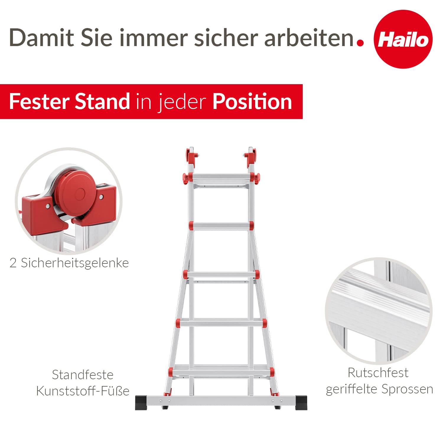 Hailo M80 Alu-Multifunktionsleiter Schiebeleiter 4x5 Sprossen 150 kg Sicherheitsgelenke Rastgriffe höhenverstellbar Silber