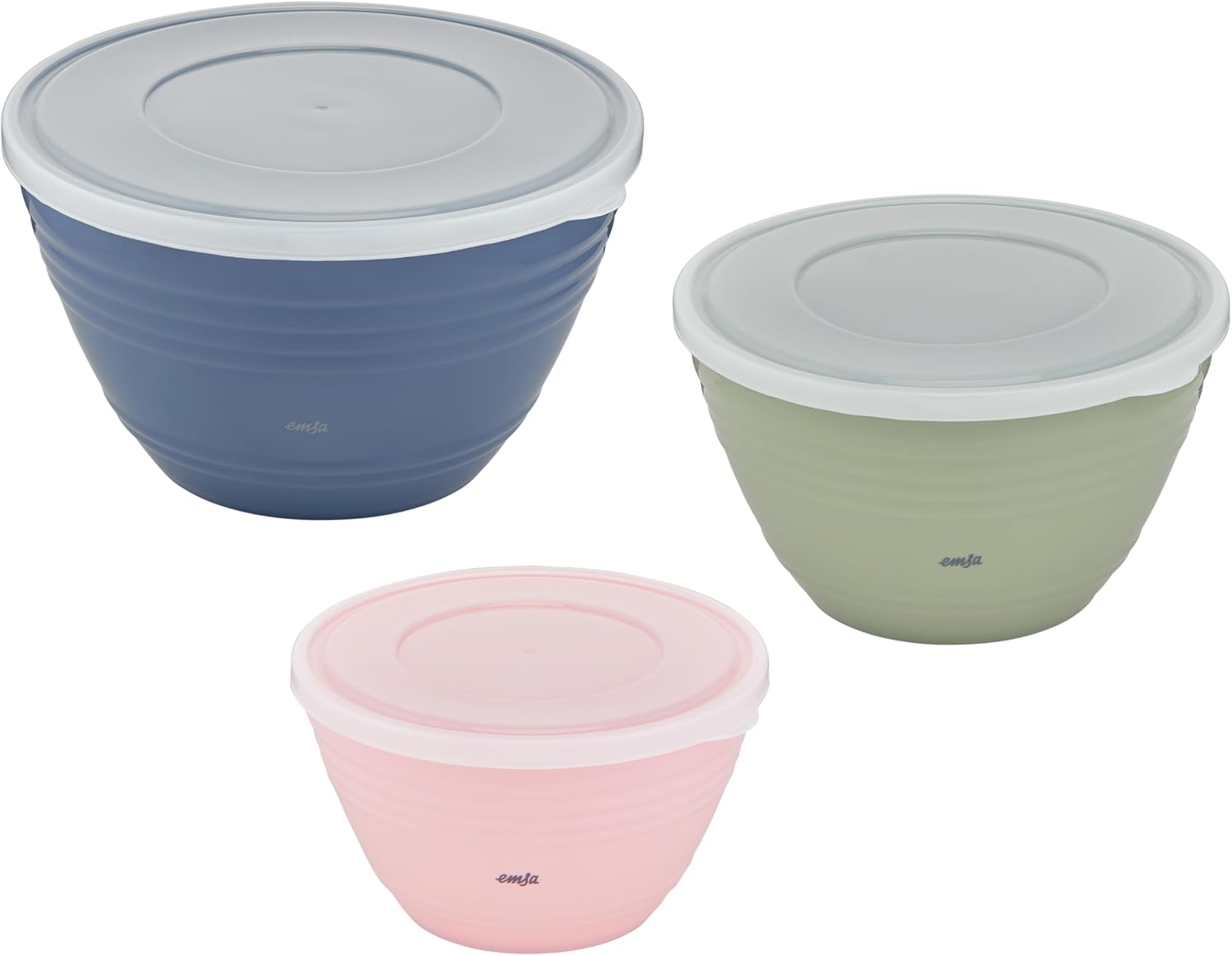Emsa K325S3 Prep&Bake Set of 3 Plastic Mixing Bowls | 1.7 + 2.75 + 4.15 L | with Preserving Lid | Non-Slip Base | Perfect Stability When Mixing | Dishwasher Safe | Pink/Green/Blue