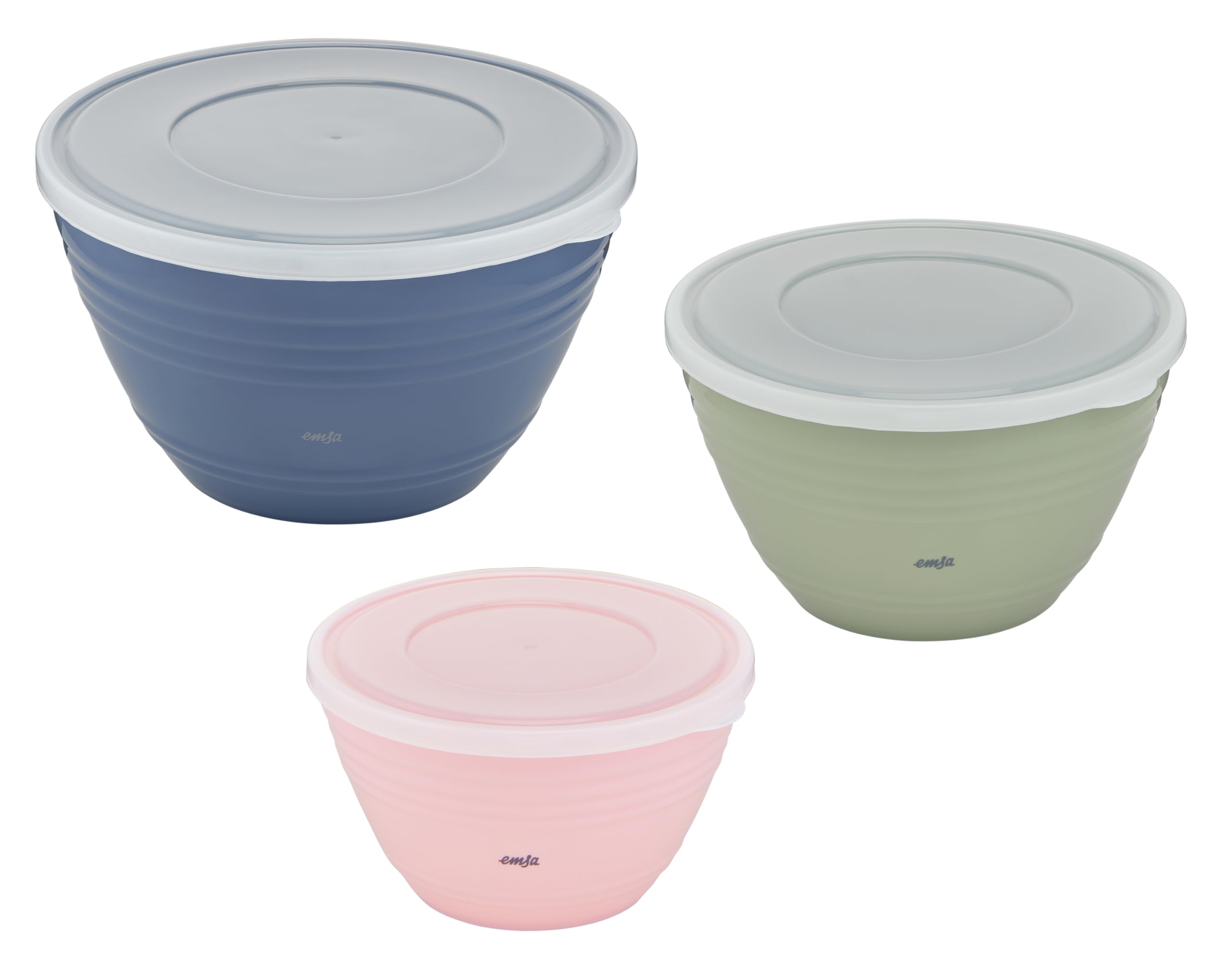 Emsa K325S3 Prep&Bake, Lot de 3 bols mélangeurs en plastique | 1,7 + 2,75 + 4,15 l | avec couvercle conservateur | fond antidérapant | stabilité parfaite au mélange | lave-vaisselle | rose/vert/bleu