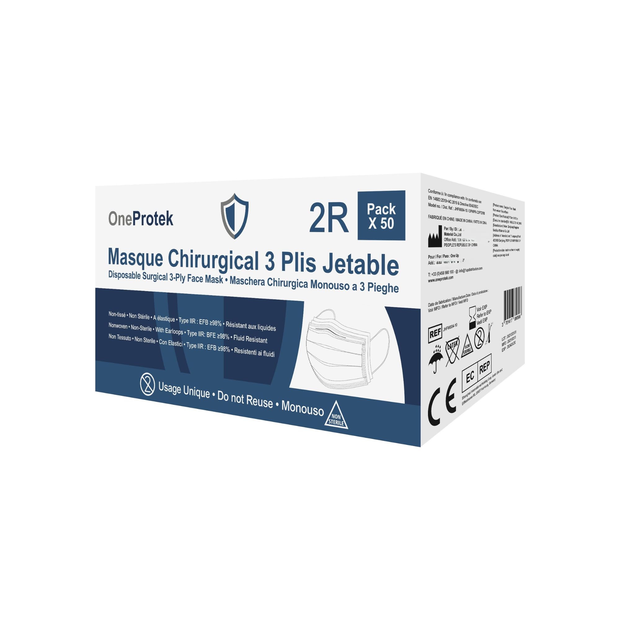 Lot x2000 Masque chirurgical jetable OneProtek - 3 Couches Type 2R IIR Médical - Certifiés CE EN14683 - Confortables et élastiques résistants - 40 boîtes de 50 Masques