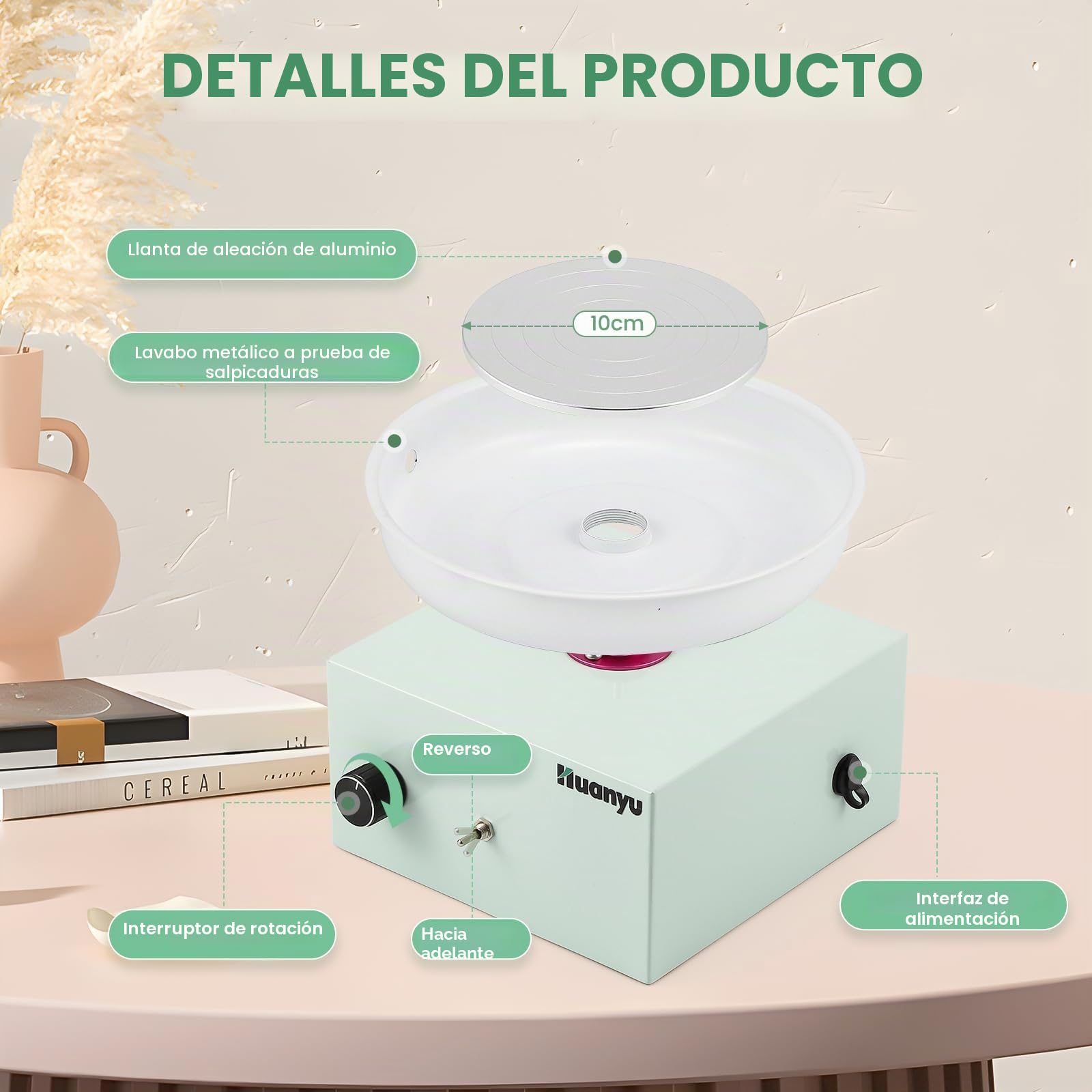 Huanyu Volante de Alfarería 10cm Mini Volante de Alfarería Eléctrico 0-2000RPM Velocidad Ajustable Volante de Alfarería Cerámica con 27pcs Kit de Herramientas de Alfarería (Verde)