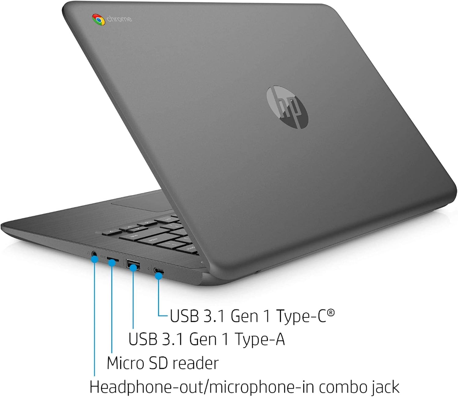 HP 2021 Newest Chromebook 14" HD Touchscreen Laptop, Intel Celeron N3350(up to 2.4GHz), 4GB RAM, 32GB eMMC Flash Memory, Webcam, WiFi, Bluetooth, USB-A&C, Chrome OS, Ghost Manta 128GB SD Card