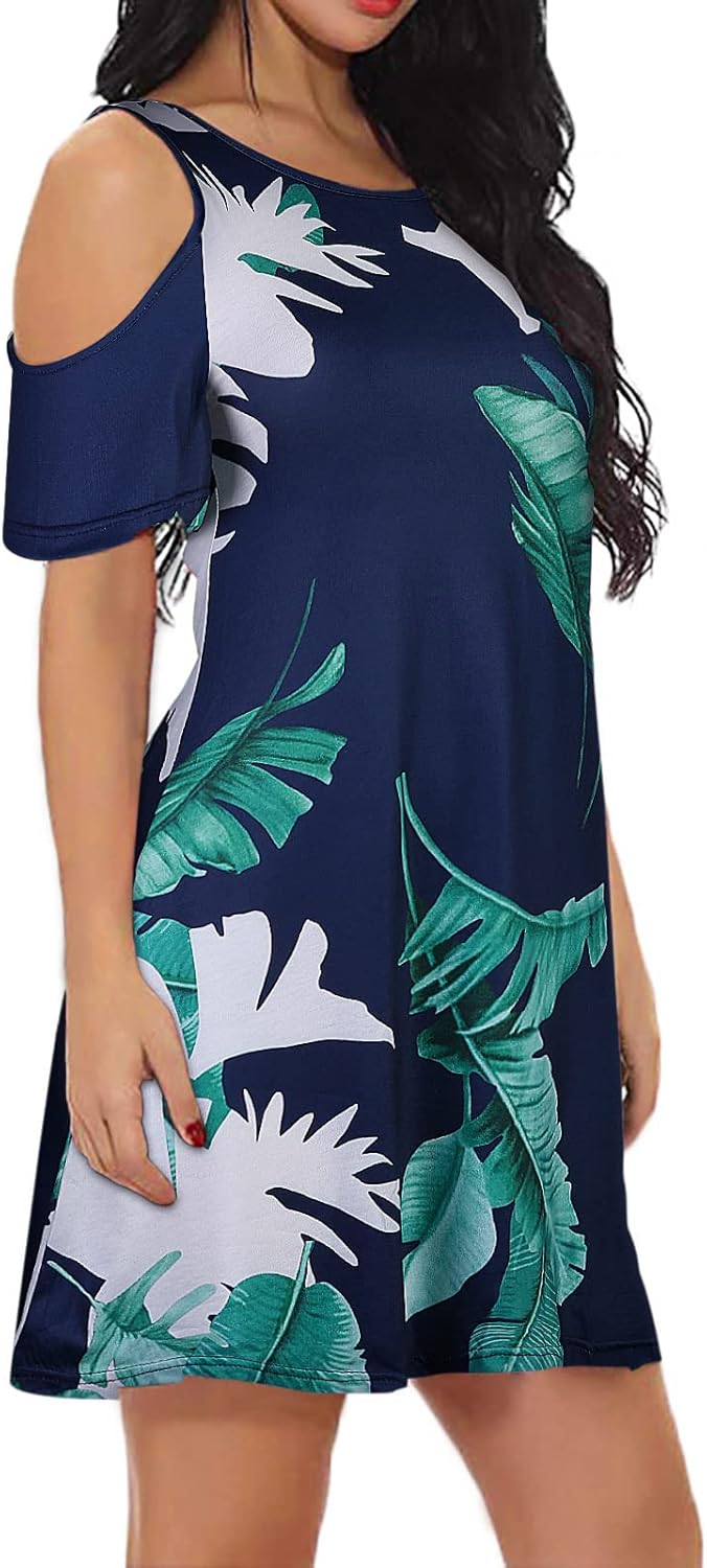 Tanst Sky Women Cold Shoulder Dress Floral Printed Short Sleeve Sundress with Pocket - Image 2