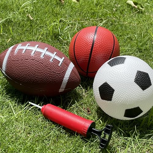 A box ofof 3 Toy Sports Balls with 1 Pump for Toddlers and Kids: 4.7-Inch Basketball, 4.7-Inch Football, 6.3-Inch American football. Suitable for indoor and outdoor family games, garden toys. - Thumbnail 3
