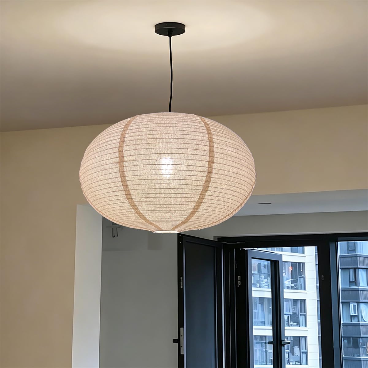 Leinen-Lampenschirm, oval, hängend, Kronleuchter, Lampenschirm, 50 cm, kann Lampenschirm aus Papier ersetzen, minimalistischer Stil, Boho-Stil, Leinen, für Schlafzimmer, Wohnzimmer, Flur, Dekoration