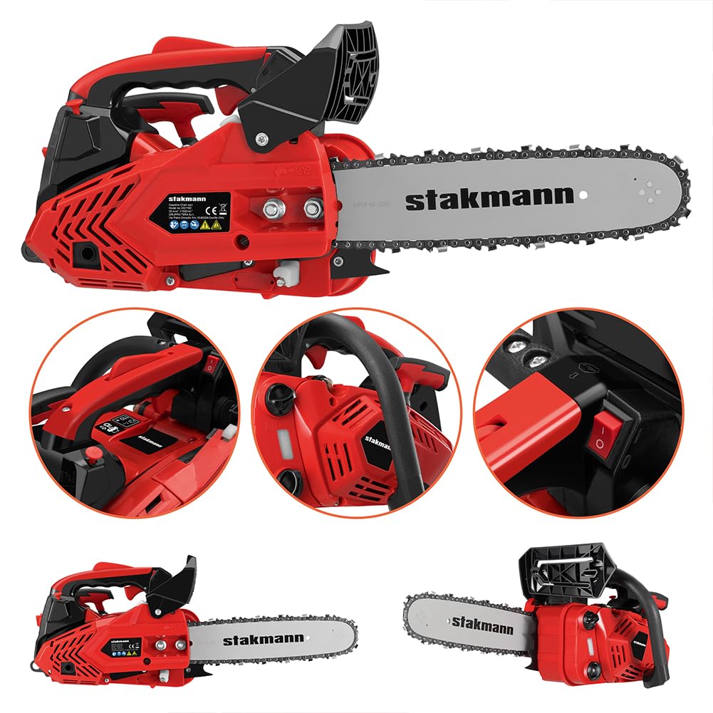 Motosierra de explosión de 2 tiempos a gasolina, hoja de 30 cm, Easy Start e interruptor de seguridad, motosierra de jardín, trabajo, corta madera y ramas precisa con mango ergonómico (25,4