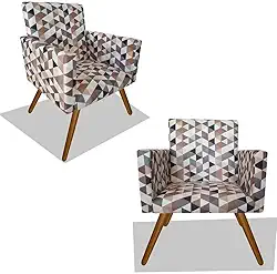 Kit 02 Poltronas Decorativa Nina Pés Madeira Suede Triangulos Bege