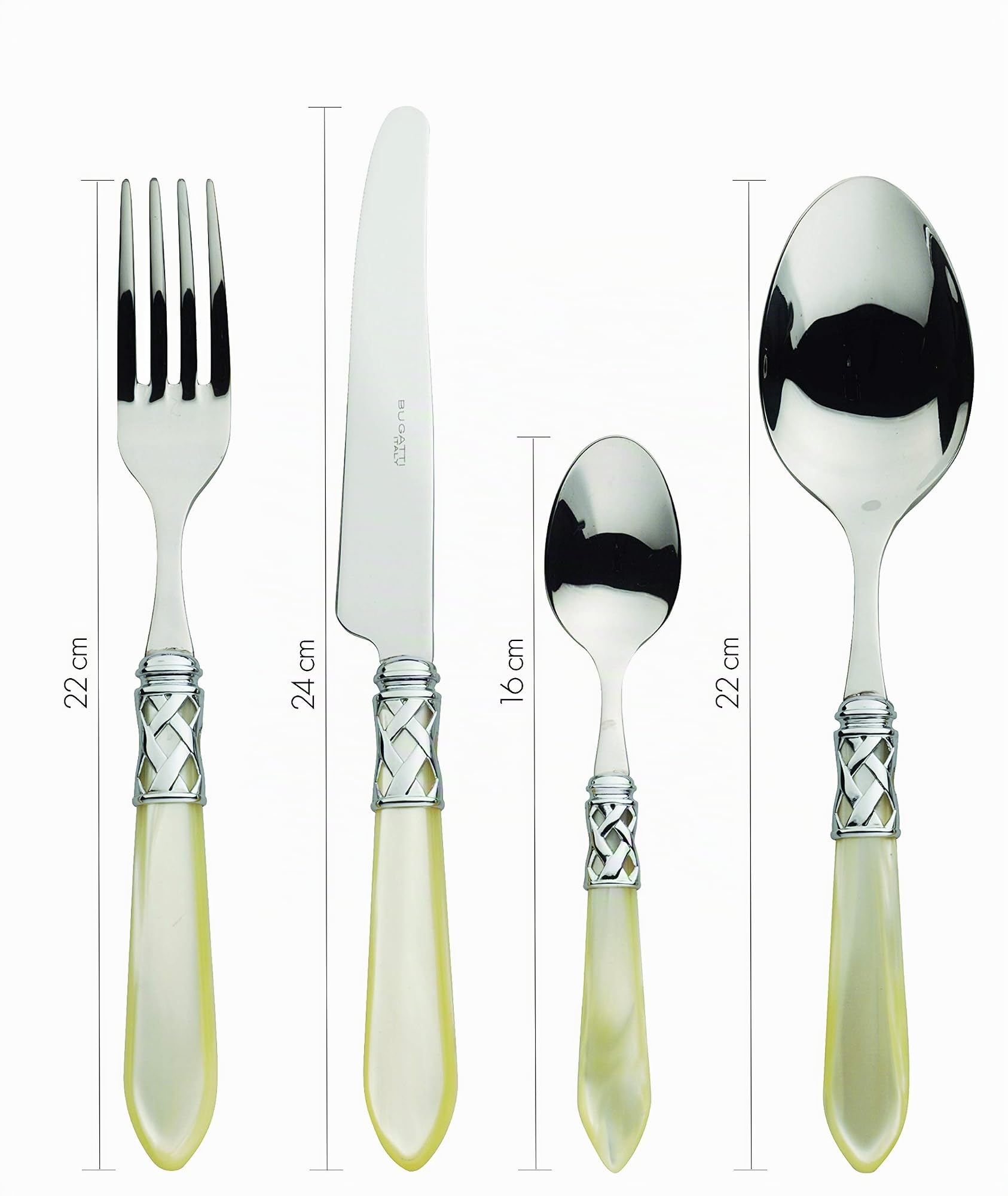 BUGATTI, Aladdin, Ensemble de 24 Couverts en Acier Inoxydable 18/10, Anneau chromé et poignée Blanche Effet Nacre. Set 6 Personnes: 6 cuillères, 6 fourchettes, 6 Couteaux et 6 cuillères à café