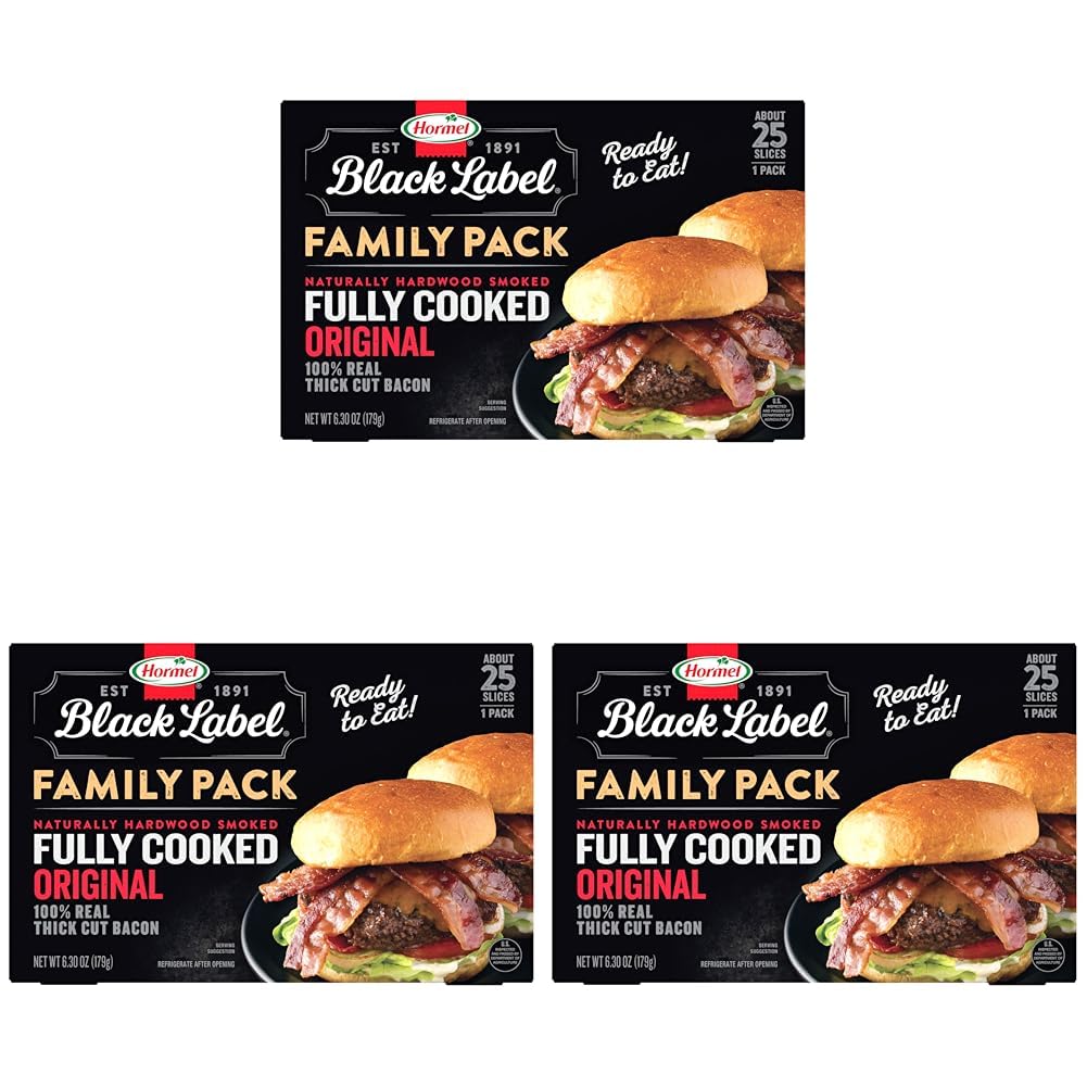 HORMEL BLACK LABEL Thick Cut Bacon, Fully Cooked Bacon, Gluten-Free Snacks, Family Pack - 6.3oz (Pack of 3)