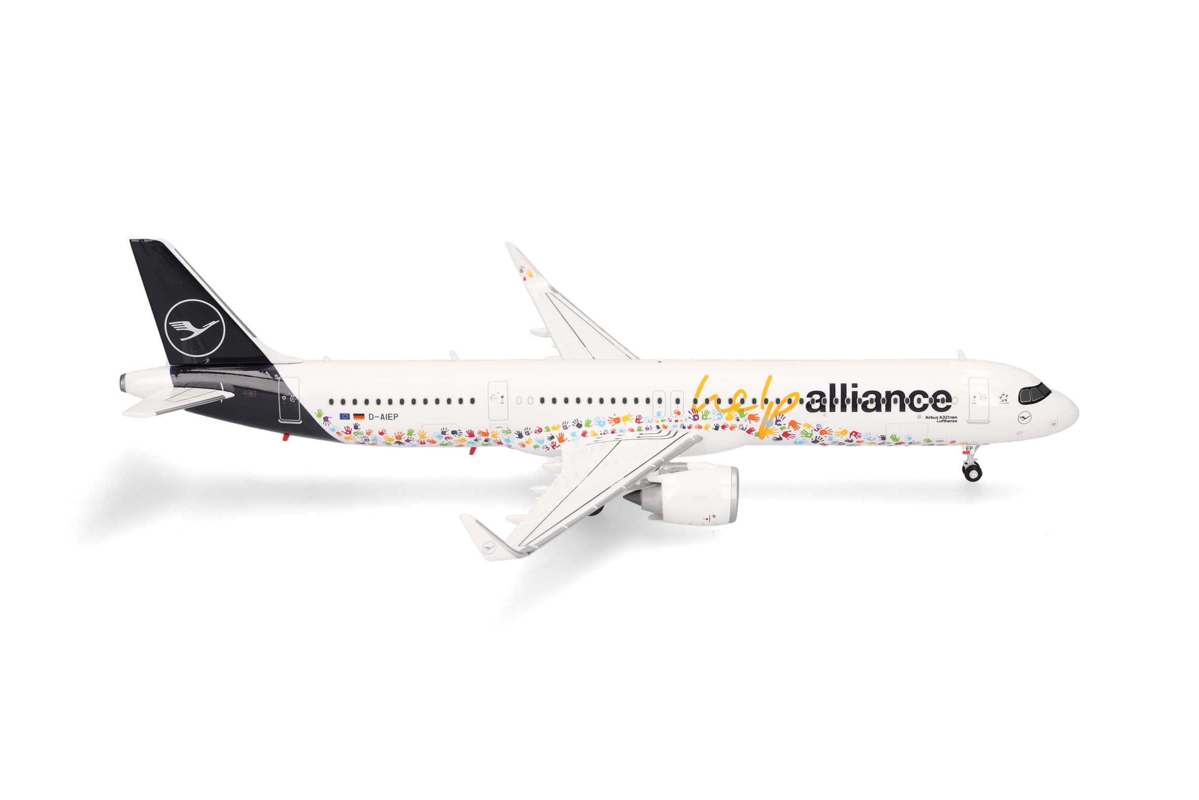 Herpa model samolotu Lufthansa Airbus A321neo „Help Alliance”, miniatura w skali 1:200, model kolekcjonerski, z podstawki, tworzywo sztuczne