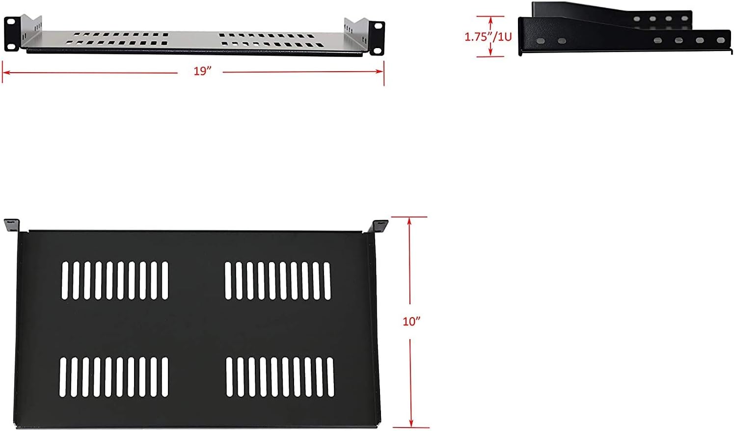 1U Universal Server Shelf Vented Rack Mount Cantilever Shelf 10" Deep, for 19" Equipment Racks - Fixed Server Rack Cabinet 2-Pack