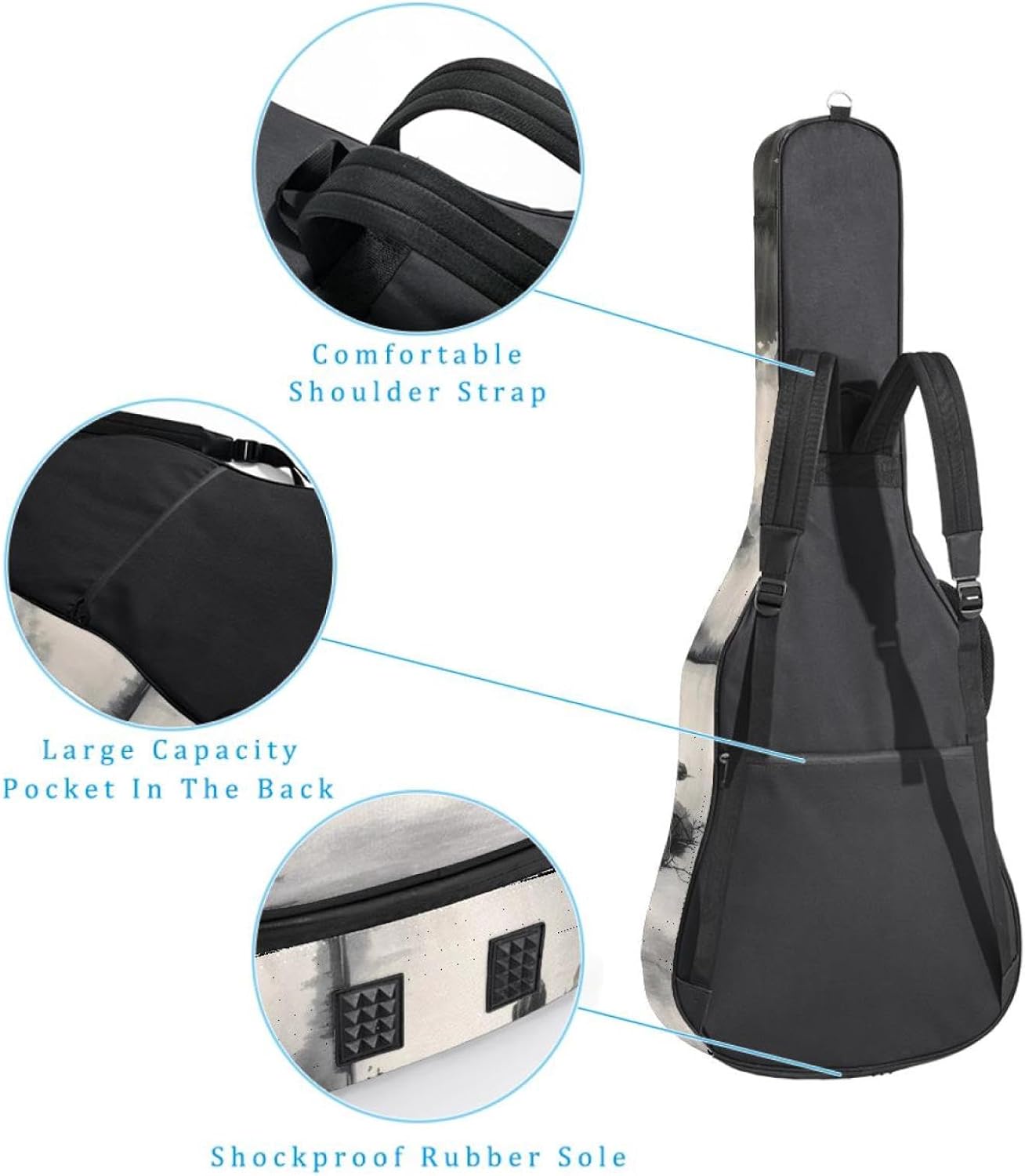 40 41 42 Inch Guitar Bags, Waterproof Padded Acoustic Guitar Case Backpack with Adjustable Shoulder Strap & Pockets, Ink Painting Landscape Grey