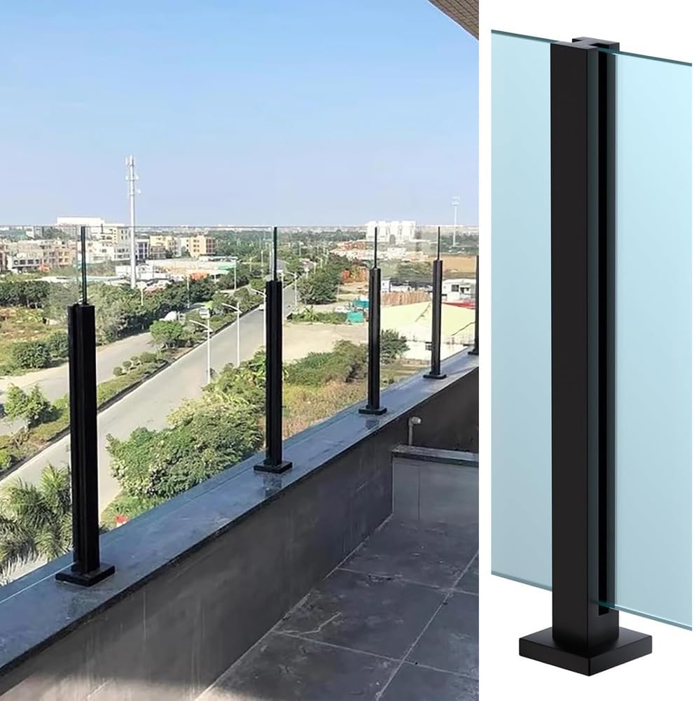 Glass Railing Post, No-Punch / 304 Stainless Steel Glass Railing Spigot with Slots & Base, Heavy Duty Glass Clamp Bracket for Deck Balusters, Balcony, Patio, Stairs,Black~mid Post,85cm