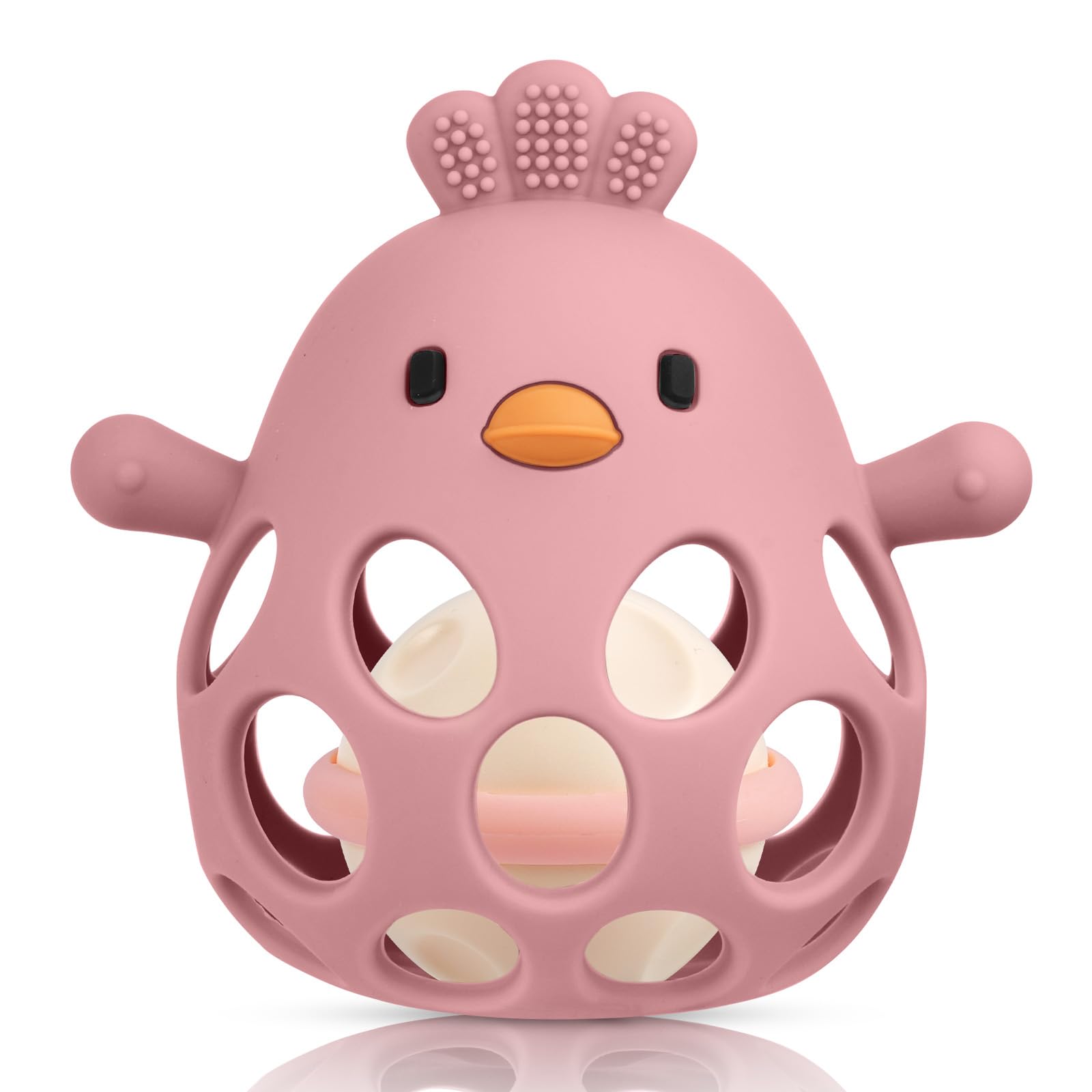 HOTUT Silikon Babyrassel Hühnchen, BPA-frei Spielzeug-Silikon Baby Ball Beißring, Weich Greifball für Babys, Baby Rassel Beißring Spielzeug für Neugeborene Kleinkinder (Dunkelrotes)