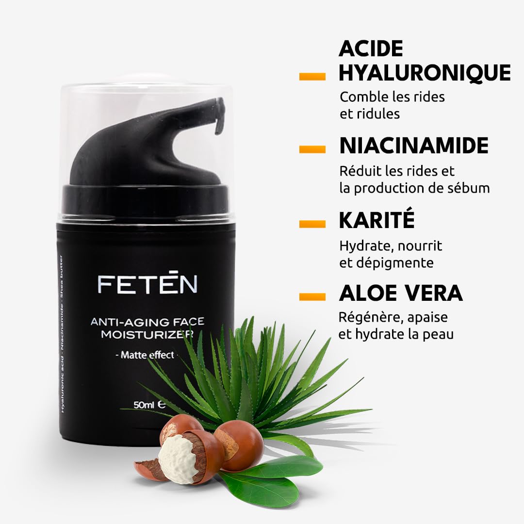 FETEN Crème Visage Homme – Crème Hydratante Anti-Rides avec Acide Hyaluronique – Effet Anti-Âge & Matifiant – Soin Visage Jour & Nuit Homme – Skincare Anti-Acné 50ml (Lot de 2)