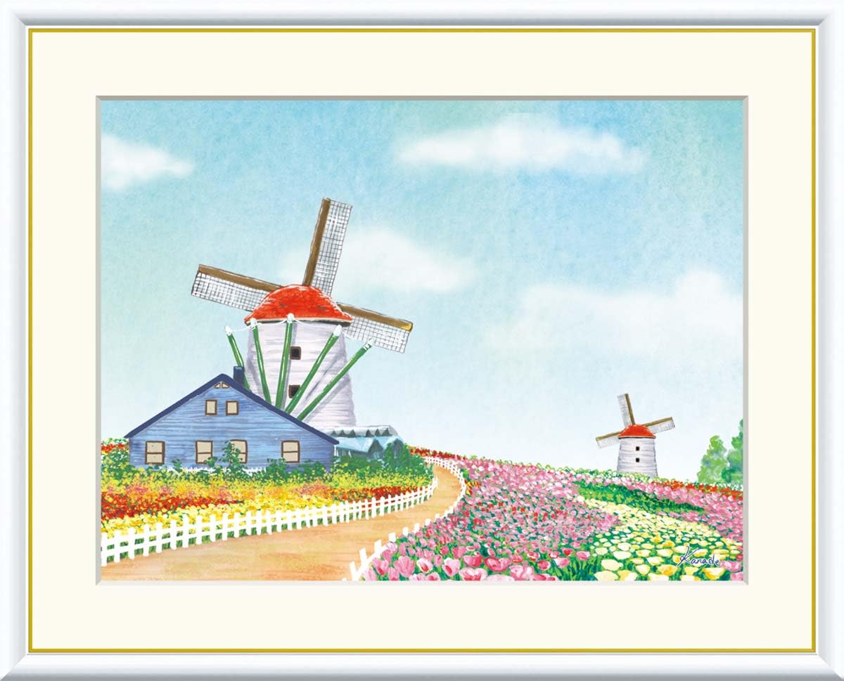 絵画　青と植物 楽天市場】絵画 現代アート 花咲く丘と風車 青木奏 額入り