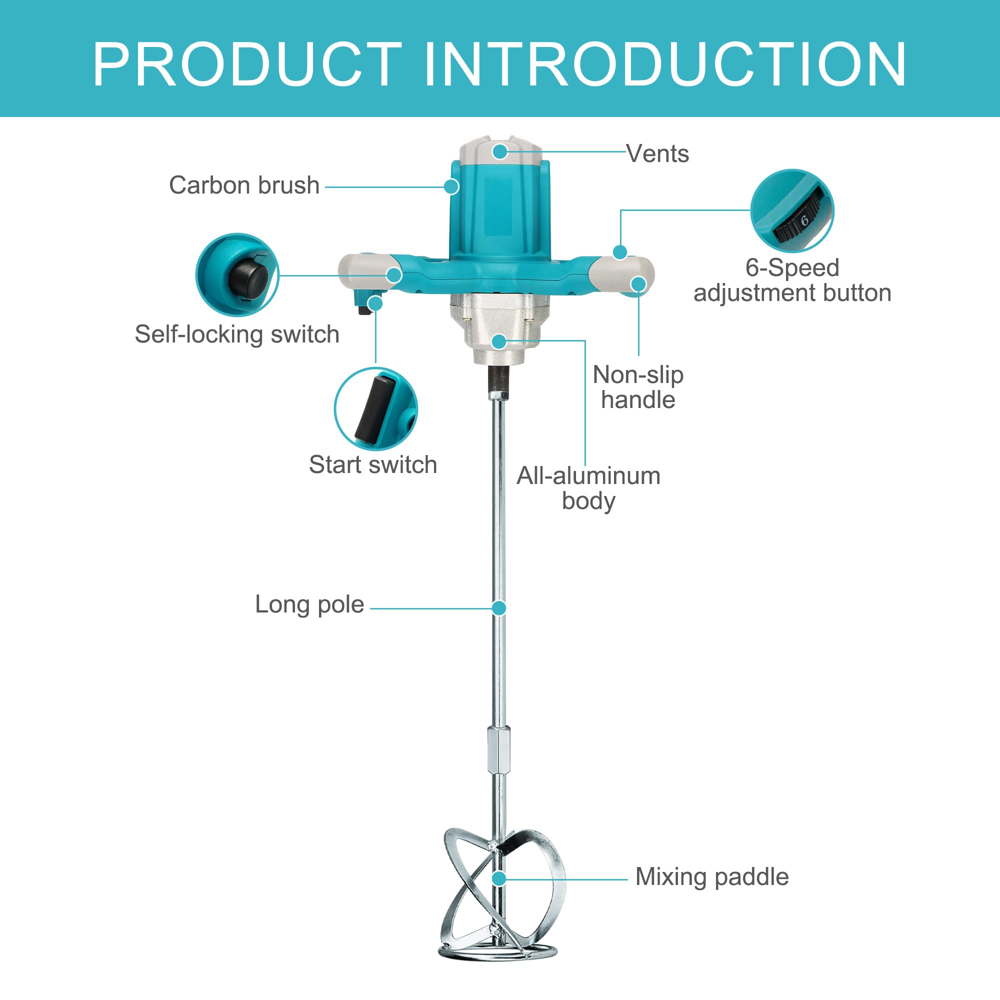 Miscelatore elettrico per cemento a mano, 2600 W, miscelatore elettrico per calcestruzzo a 6 velocità, 220 V, miscelatore a mano per motar, vernice, malta per fughe, gesso, miscelatore a