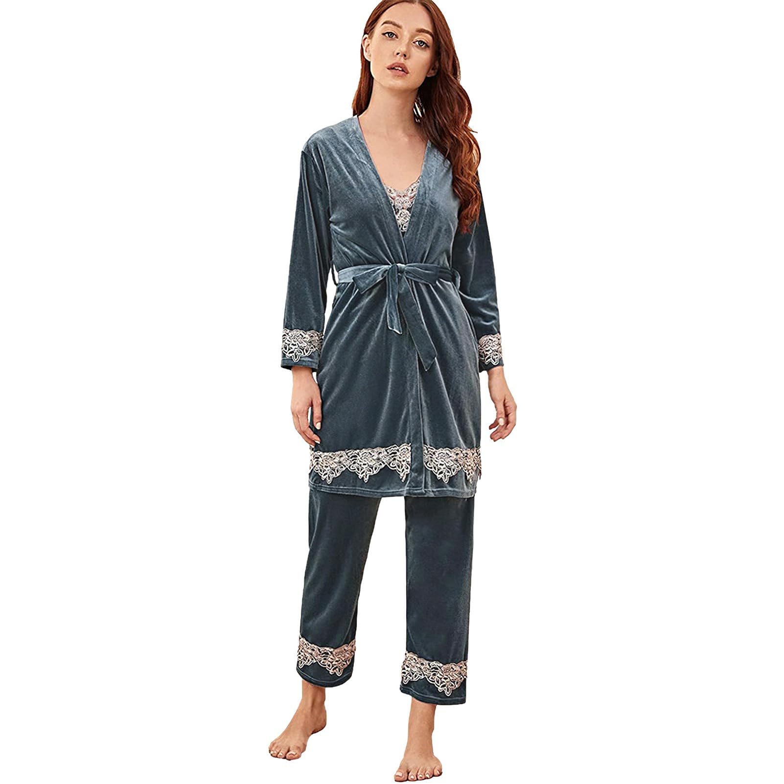 Donna Elegante Ricamo 4PCS Set Pigiama Velluto Accappatoio + Abiti + Pantaloni Abbigliamento Termico da Notte