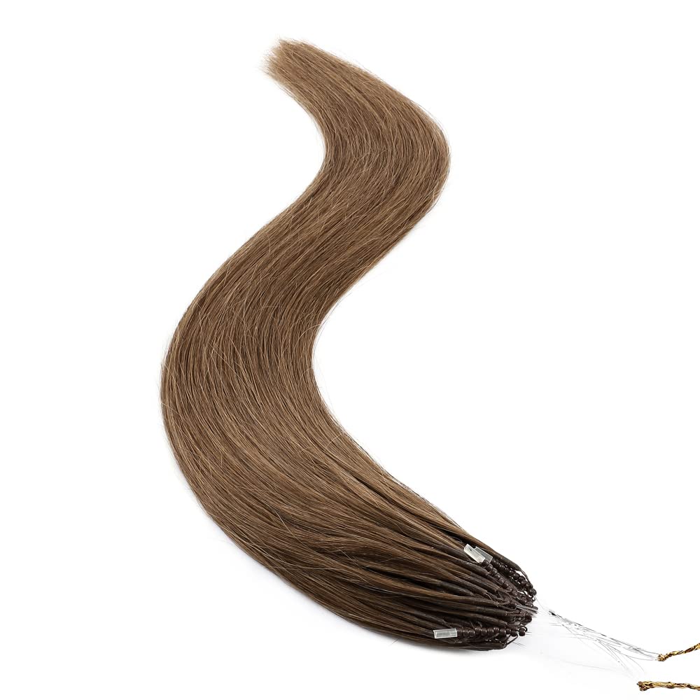 Hairro Microlink Hair Extensions 100% Real Human Hair 16 Inch 50 Strands 50g 8D Micro Beads in Hairpieces #6 Light Brown I Tip Loop with Nano Ring