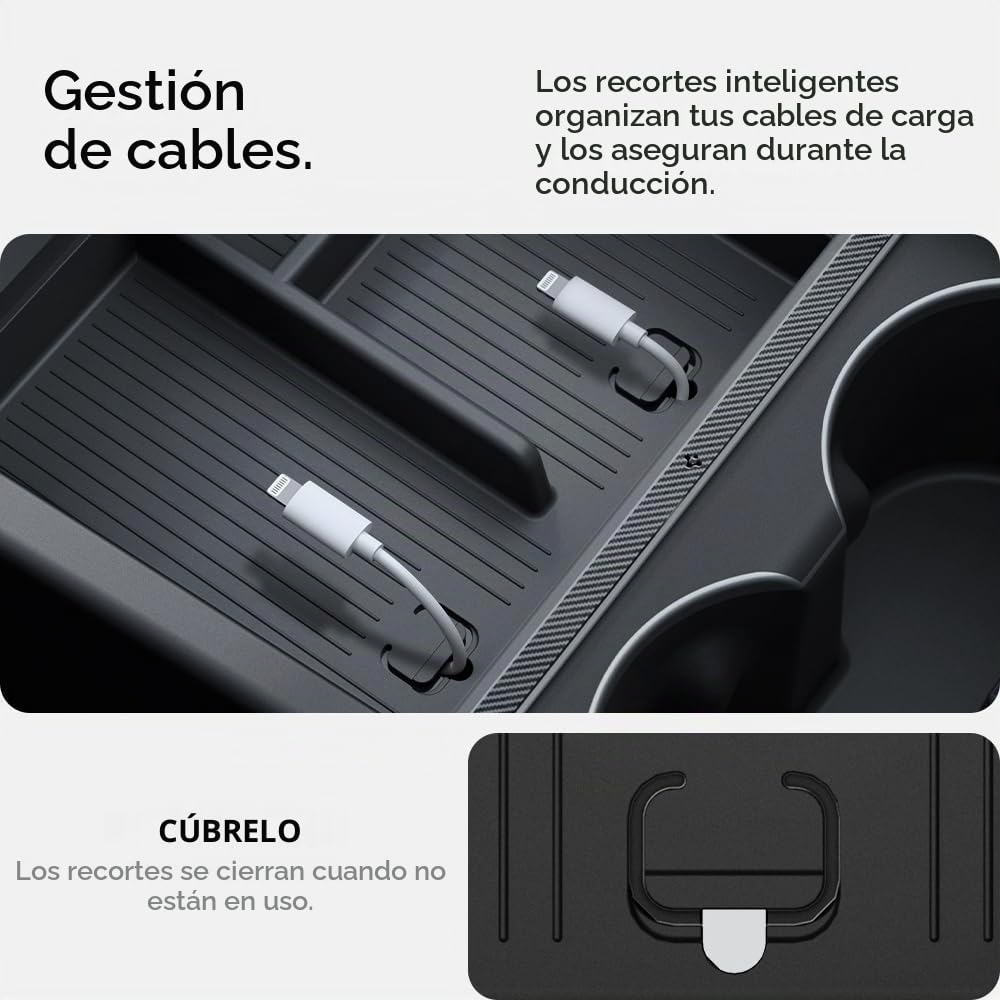 Spigen Tesla Model Y 2026 Juniper (Solo Premium & Performance 2025 2026) y Model 3 Highland (Standard, Premium & Performance 2024/25/26) Non-Slide Center Console Bandeja Organizadora Accesorios