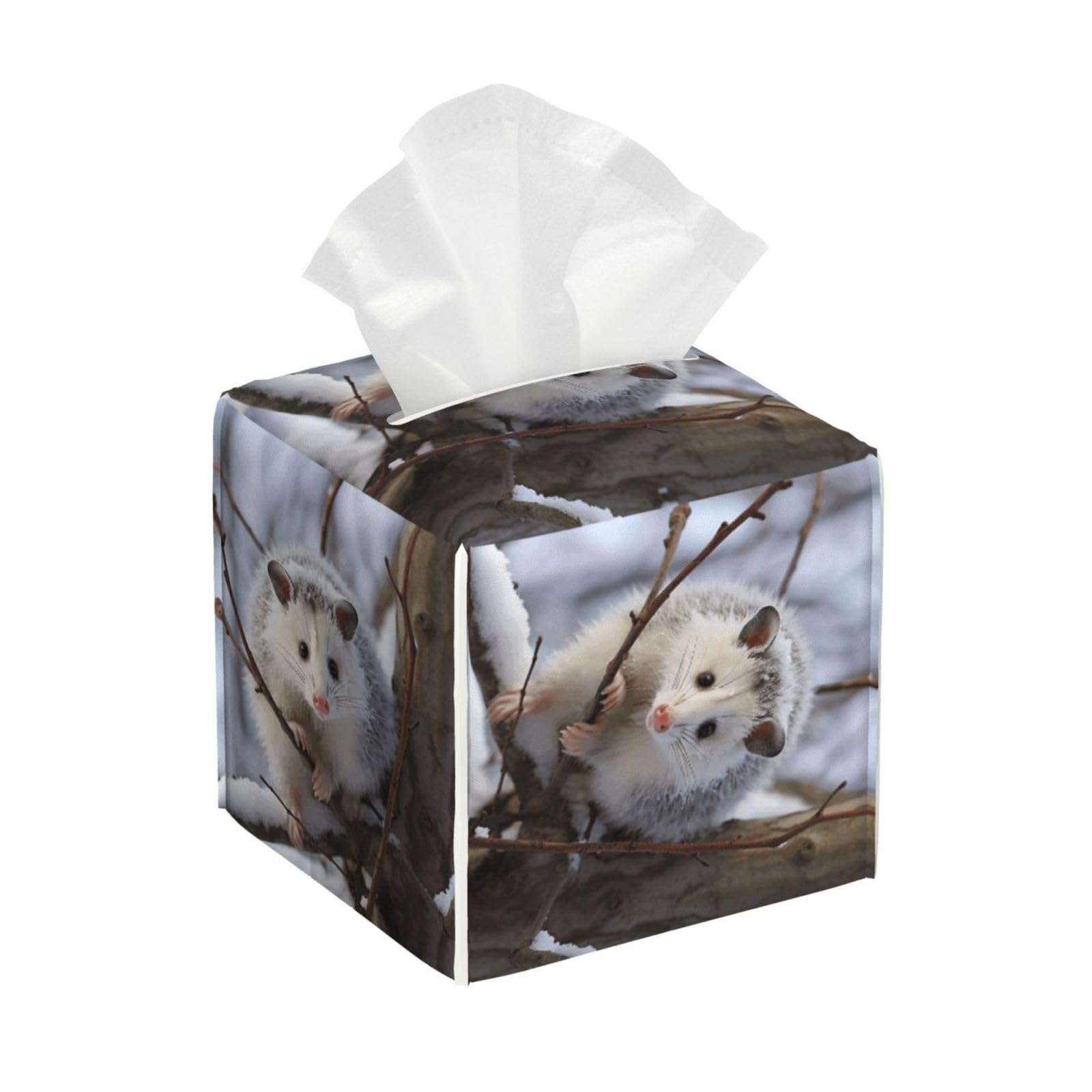 Opossum in Snow Tissue Box Cover Square Cube Boxes