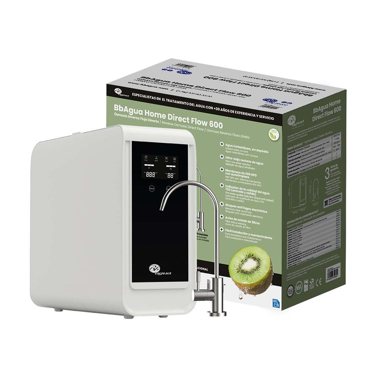 Sistema de Ósmosis Inversa Bajo Fregadero BBAGUA Home Direct Flow 600 – Sin Depósito - Flujo Directo – 1.6 L/min – Grifo y Kit Incluidos – Agua Potable Purificada