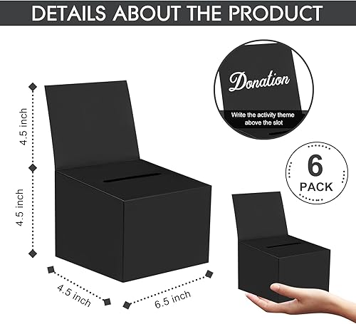 Miniatura 9 de 6 cajas para rifas, urnas de donación para recaudación de fondos, caja de cartón de 6.5 x 4.5 x 4.5 pulgadas con ranura para boletos y cabecera
