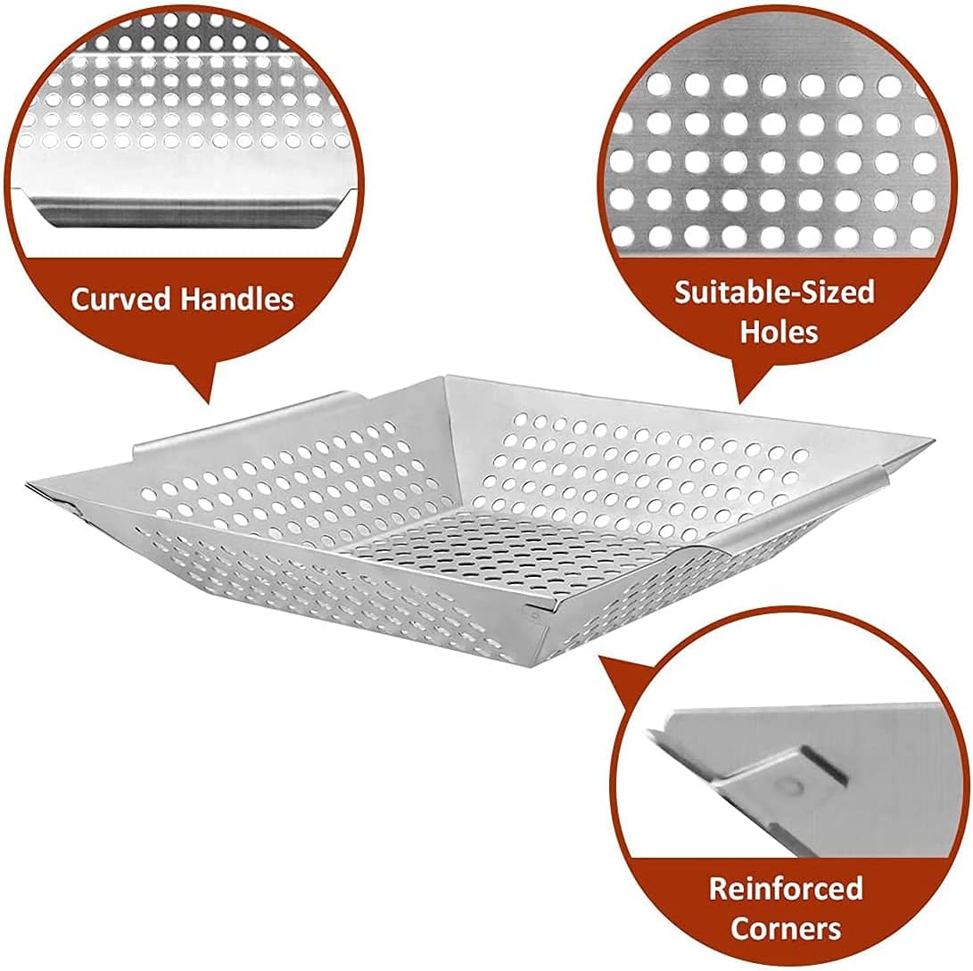 JY COOKMENT Grill Basket- Stainless Steel Grilling Basket for Indoor and Outdoor Use, Heavy Duty Vegetables Grill Basket for Veggies and Kabob, Suitable for All Grills, Dishwasher Safe : Patio, Lawn & Garden