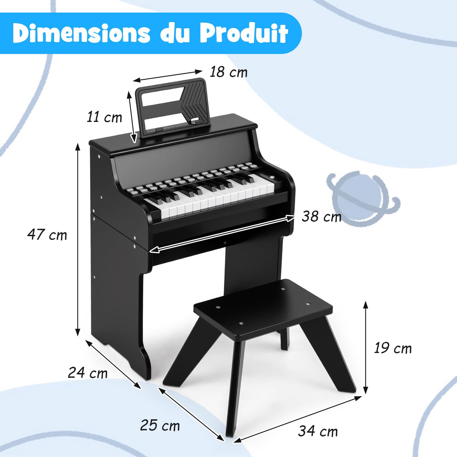 COSTWAY Clavier Piano Enfant 25 Touches, Piano Numérique en Bois avec Tabouret & Pupitre Amovible, Mode d'apprentissage, Vitesse & Volume Réglables, Haut-Parleur pour 3 Ans+ (Noir)