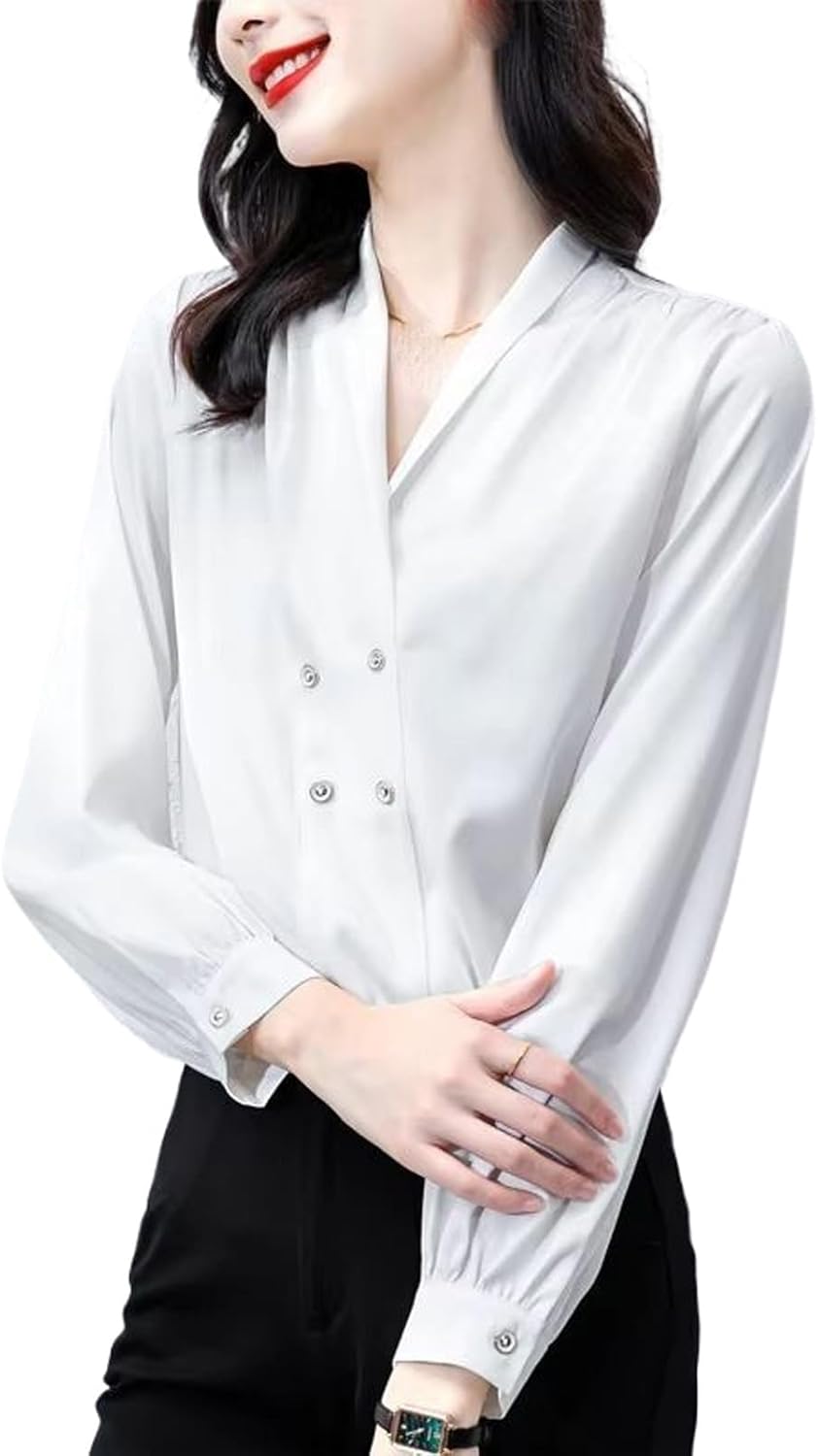 Women's Solid Satin Shirt Elegant Double-Breasted Long Sleeve Blouse Office Lady Simple Top