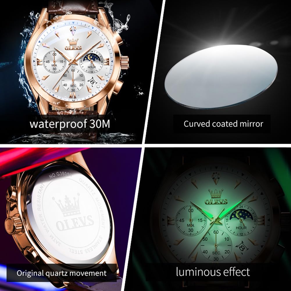 OLEVS Orologio da uomo analogico al quarzo con cinturino in pelle, quadrante grande e data, impermeabile, lussuoso, luminoso