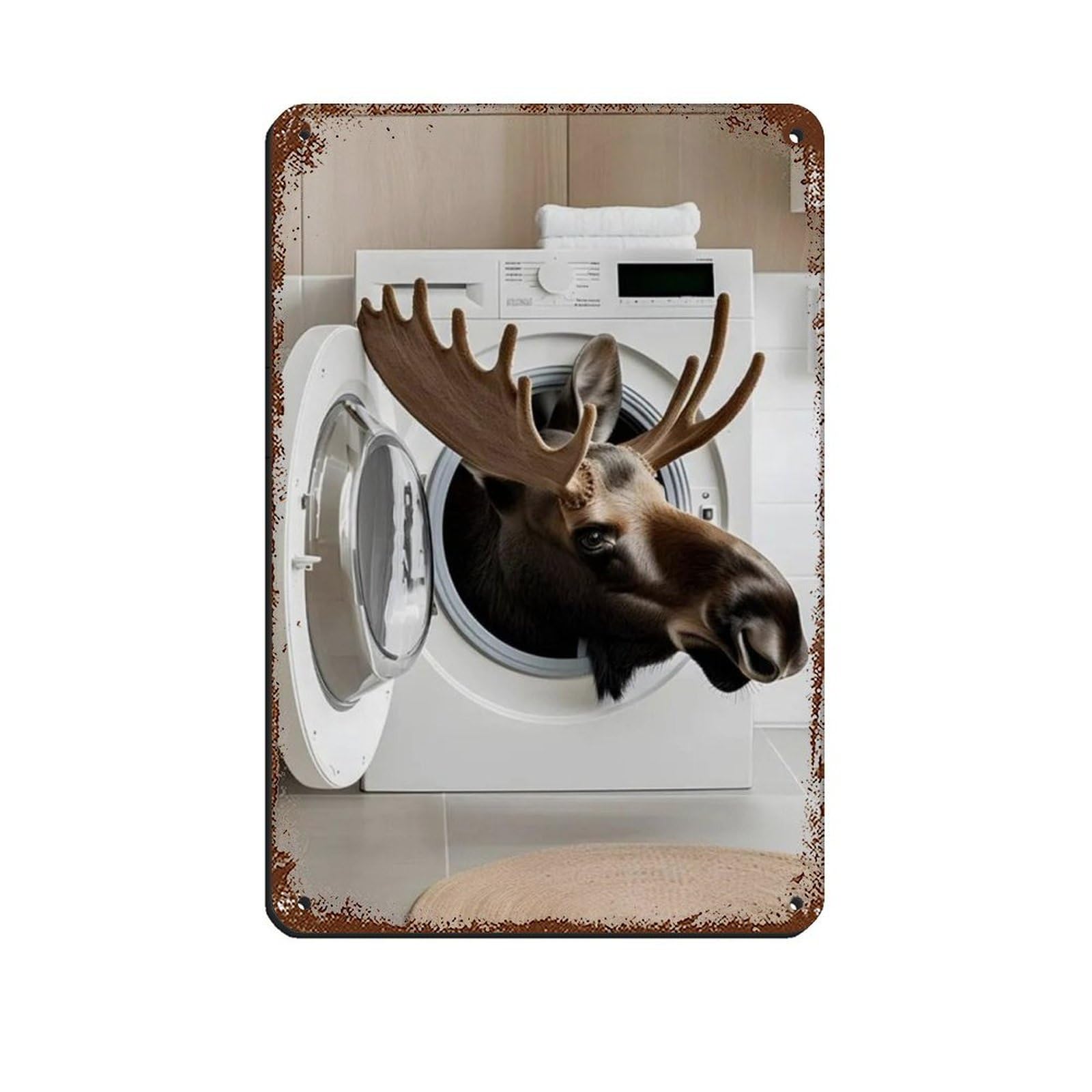 Lxwnze 20L X 30W Cm Moose In A Washing Machine, Funny Bathroom Art Tin Sign Vintage Metal Pub Club Cafe Bar Home Wall Art Decoration Poster Retro 8X12inch(20X30cm)