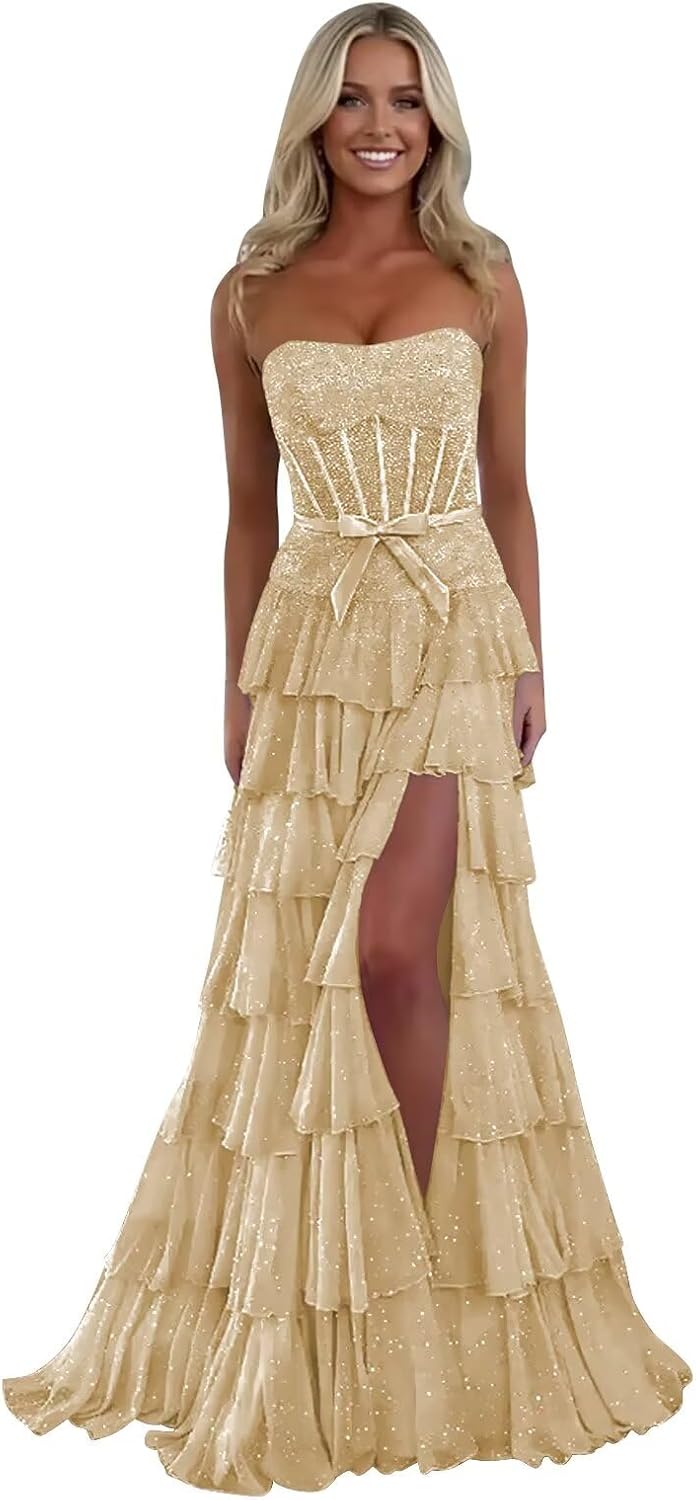 Sparkly Tulle Prom Dresses for Women Strapless Cocktail Gown Tiered Ruffle Evening Gowns with Slit