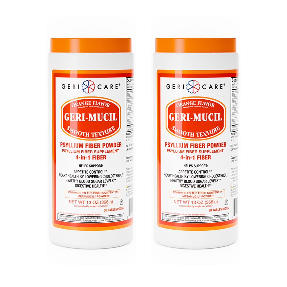 GeriCare Geri-Mucil Psyllium| 4-In-1 Orange-Flavor Psyllium Husk Powder| Daily Fiber Supplement| Sweetened Gluten-Free Fiber Drink Mix| Water-Soluble Husk Fiber Powder For Bowel Movement|13oz (2 Pack) 13 Ounce (Pack of 2) Powder (Orange Flavor)