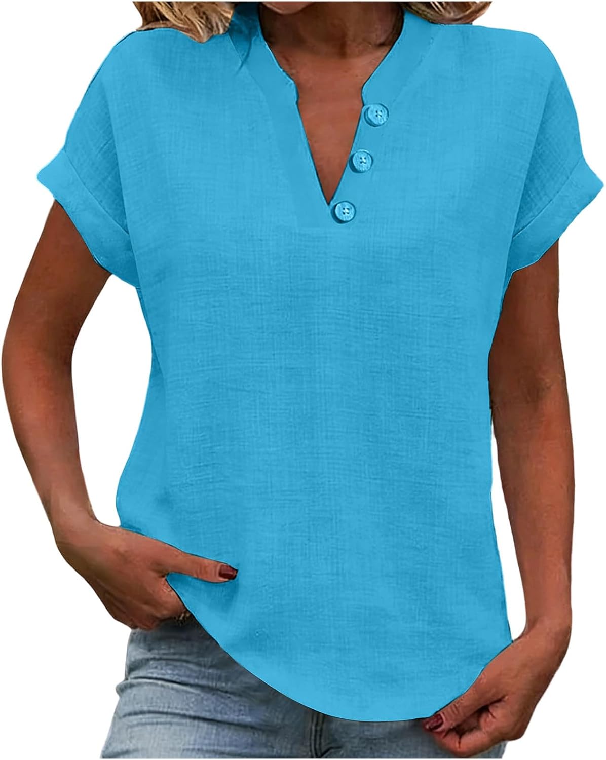 Womens Cotton Linen Shirt - V-Neck Short Sleeve Button-Down Casual Top, Loose T-Shirt Style Blouse for Everyday Wear