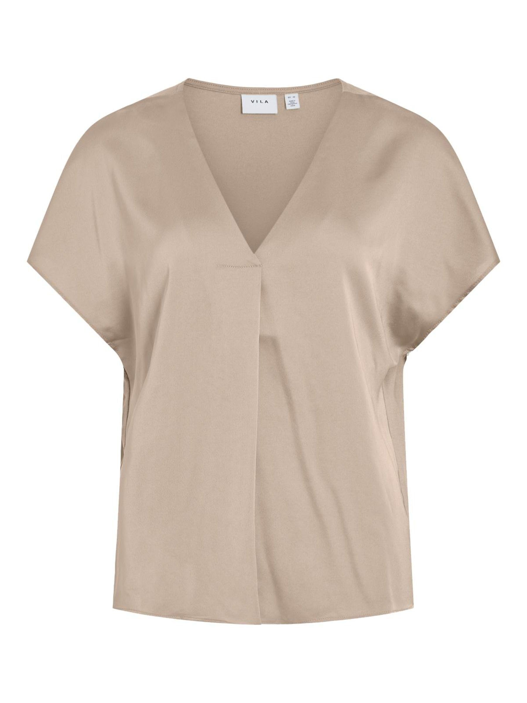 Vila Top-Noos Women's Variety V-Neck S/S Satin Short Sleeve Blouse, Cement, 8