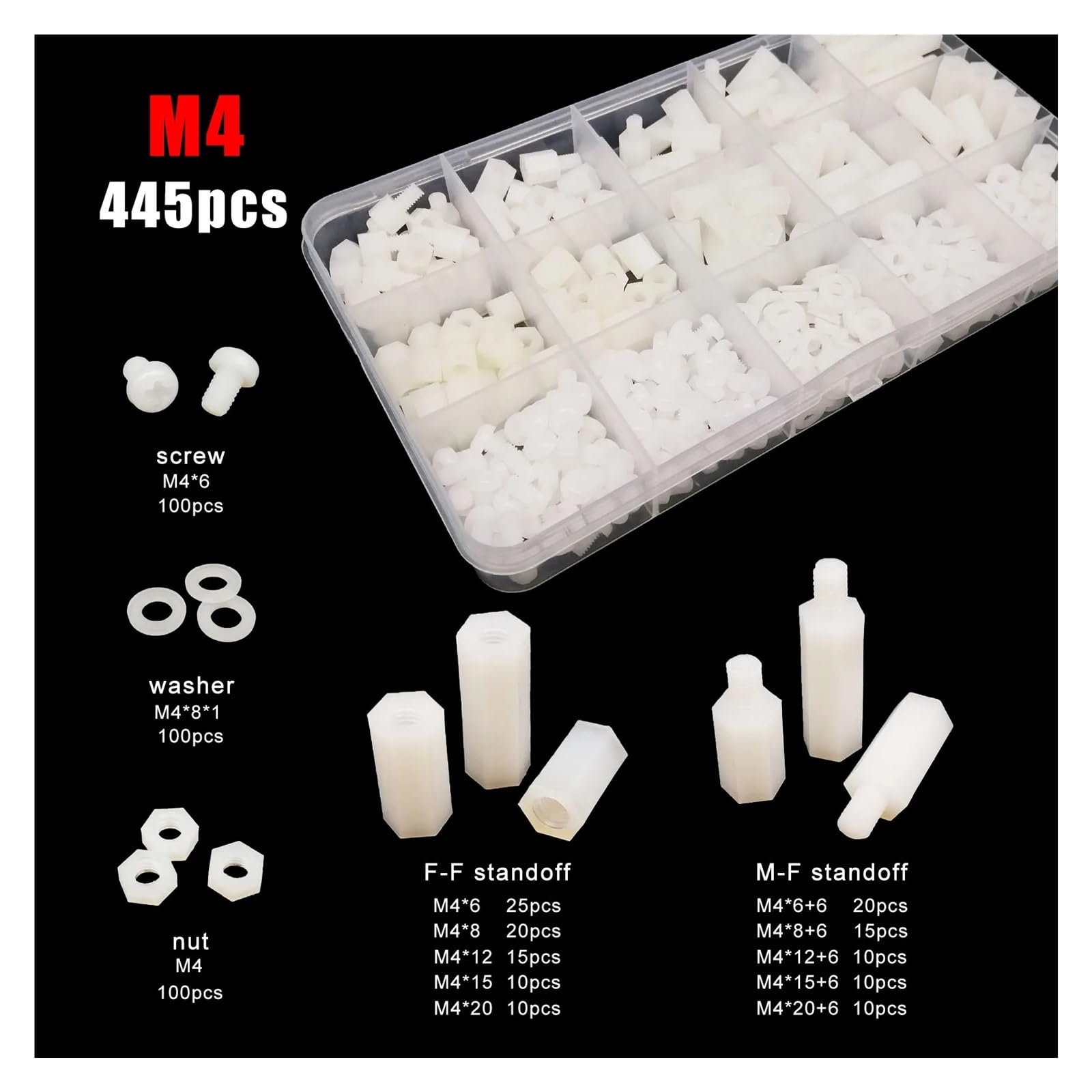 445/650/850/1300 Stück M2 M2.5 M3 M4 PCB Motherboard Weiß Kunststoff Nylon Sechskant Sechskant Abstandshalter Säule Abstandshalter Schraube Mutter Unterlegscheibe Kit Set(M2*1300pcs)
